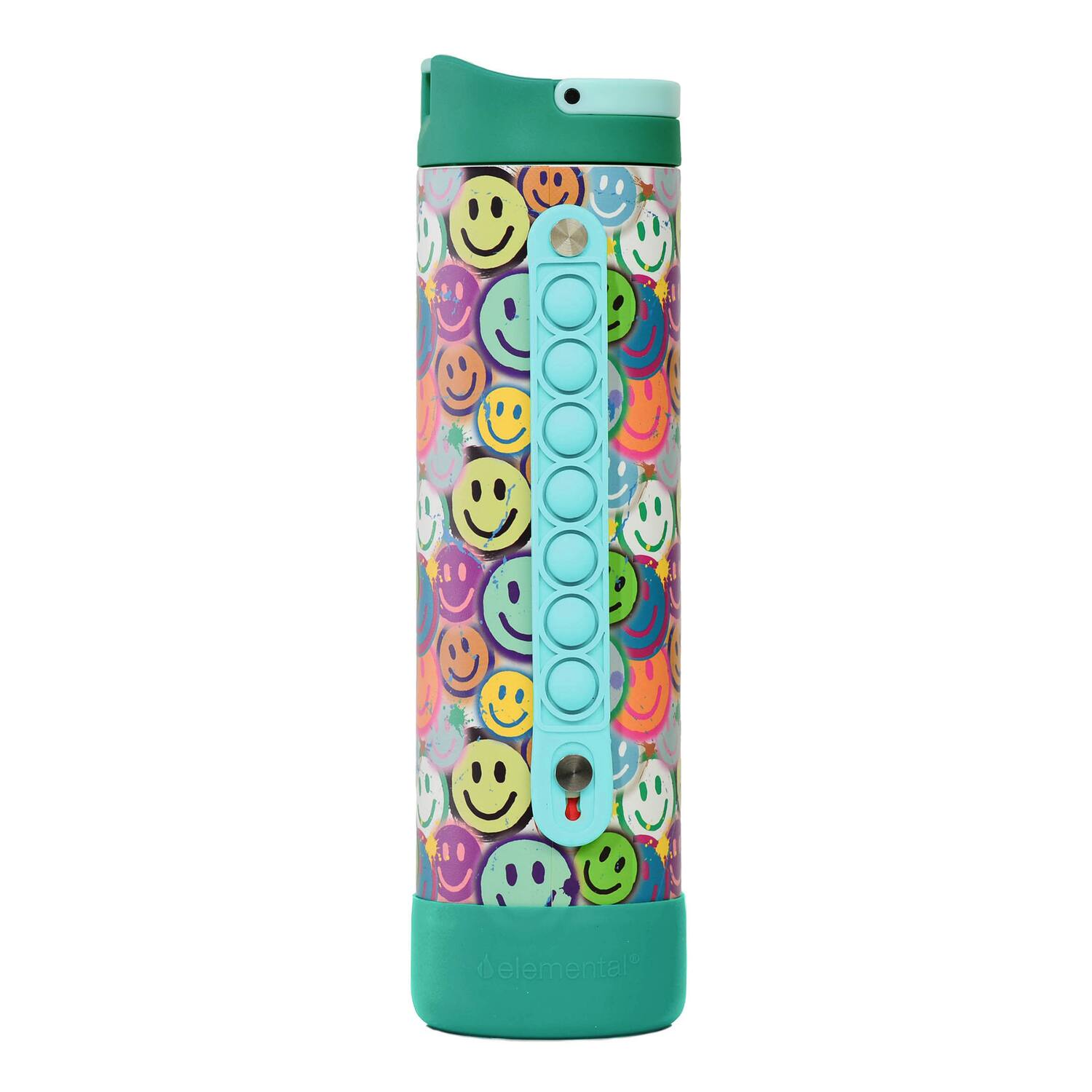 Left. Elemental - Iconic Pop Stainless Steel Fidget Water Bottle 20 Oz, Flip-Open Sports Cap - Graffiti Smile.