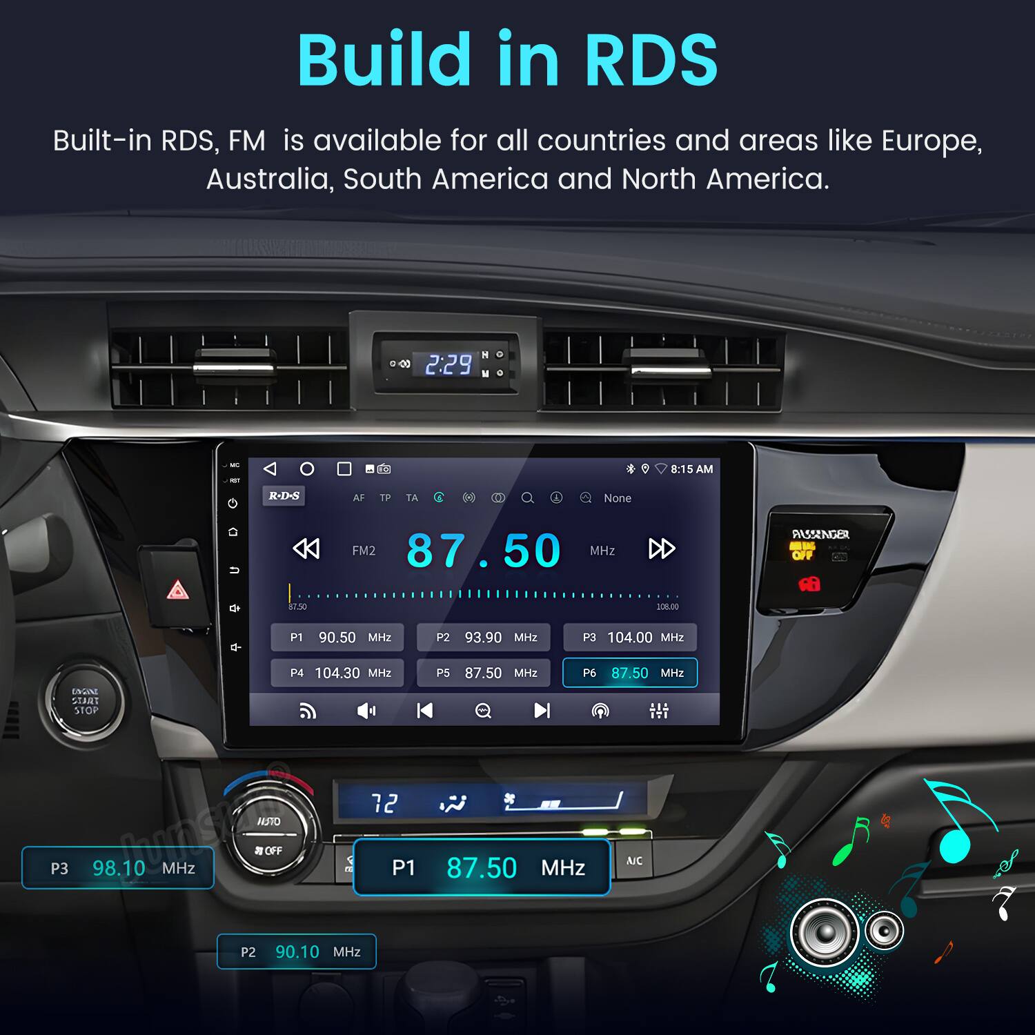 Build in RDS

Built-in RDS, FM is available for all countries and areas like Europe, Australia, South America and North America.
