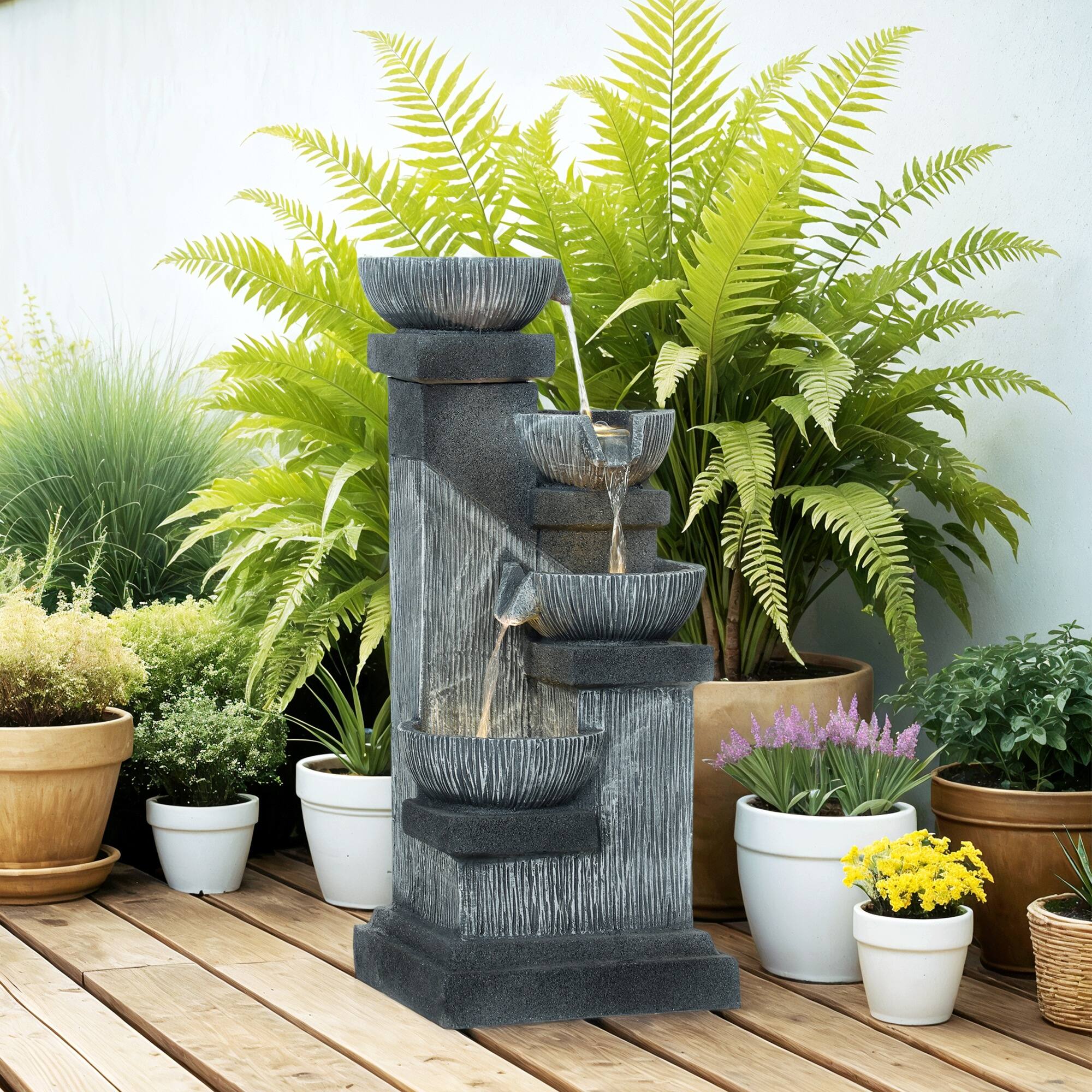 Alt View 7. Outsunny - 33.5" Tall Outdoor Water Fountain, 4-Tier Floor Standing Resin Cascading Bowls Waterfall Fountain with LED Lights - Gray.