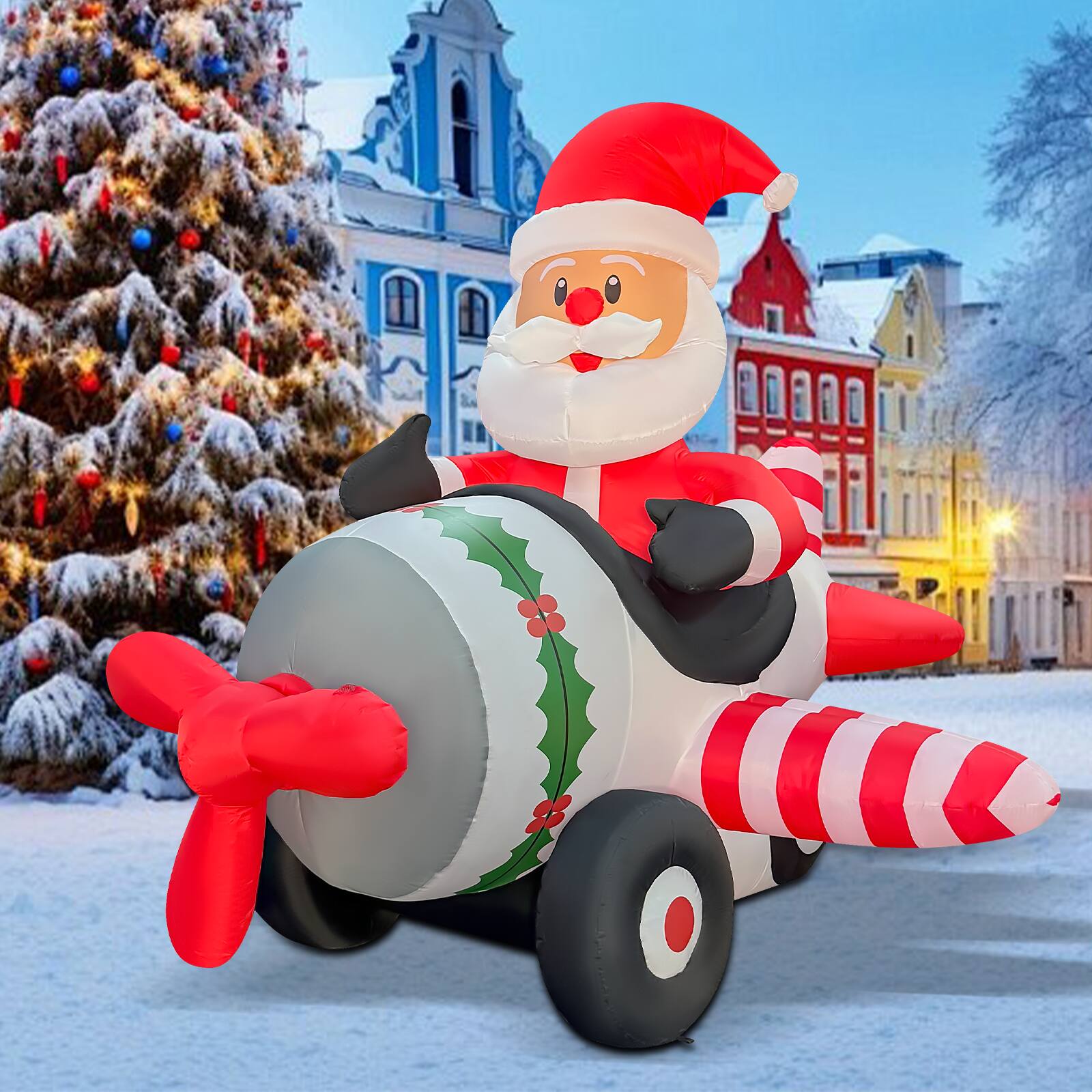 Angle. GOOSH Inflatables - GOOSH 8.2FT Animated Santa Airplane Inflatable with Rotating Propeller and LED Lights - Red.