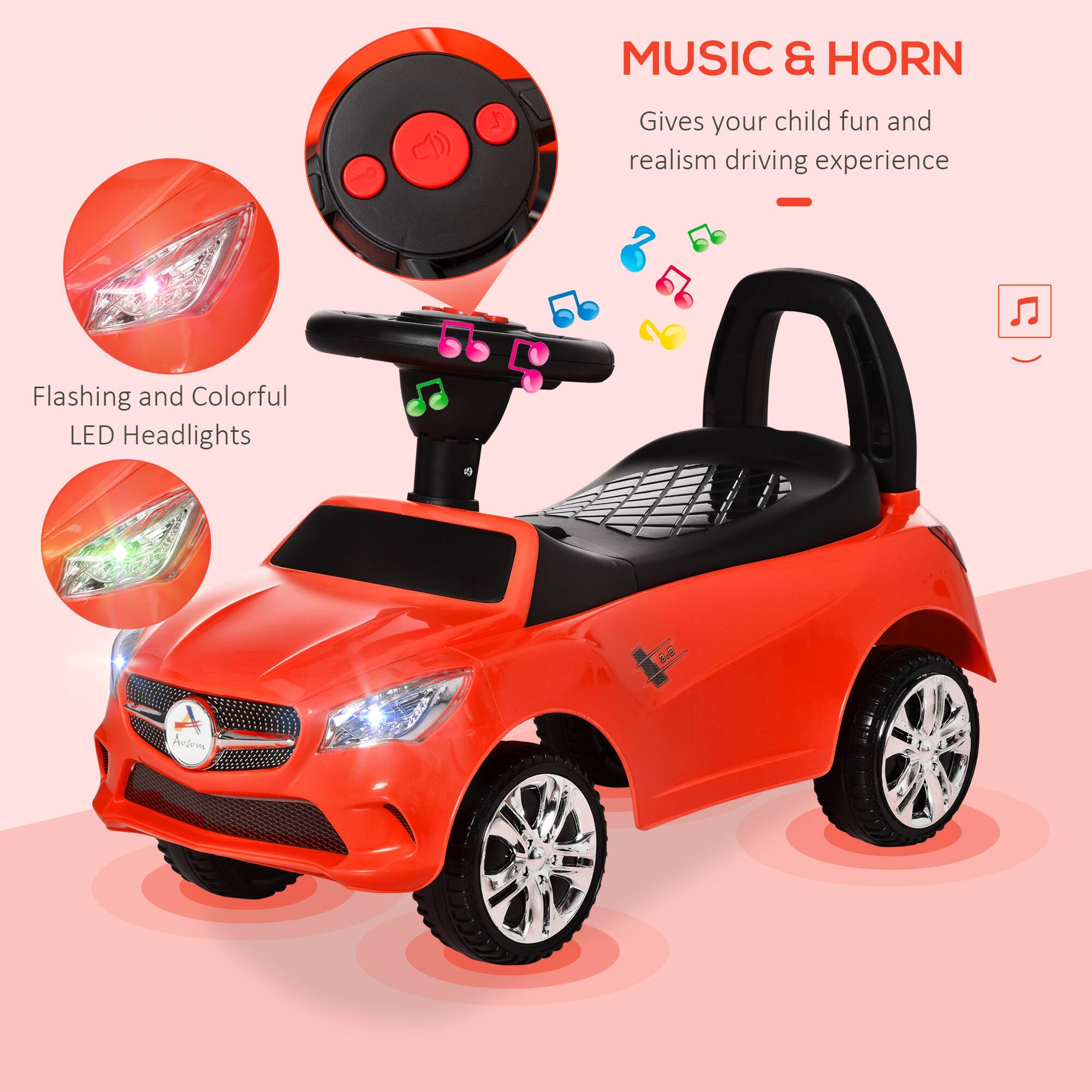 C) MUSIC & HORN  
Gives your child fun and realism driving experience  

Flashing and Colorful LED Headlights