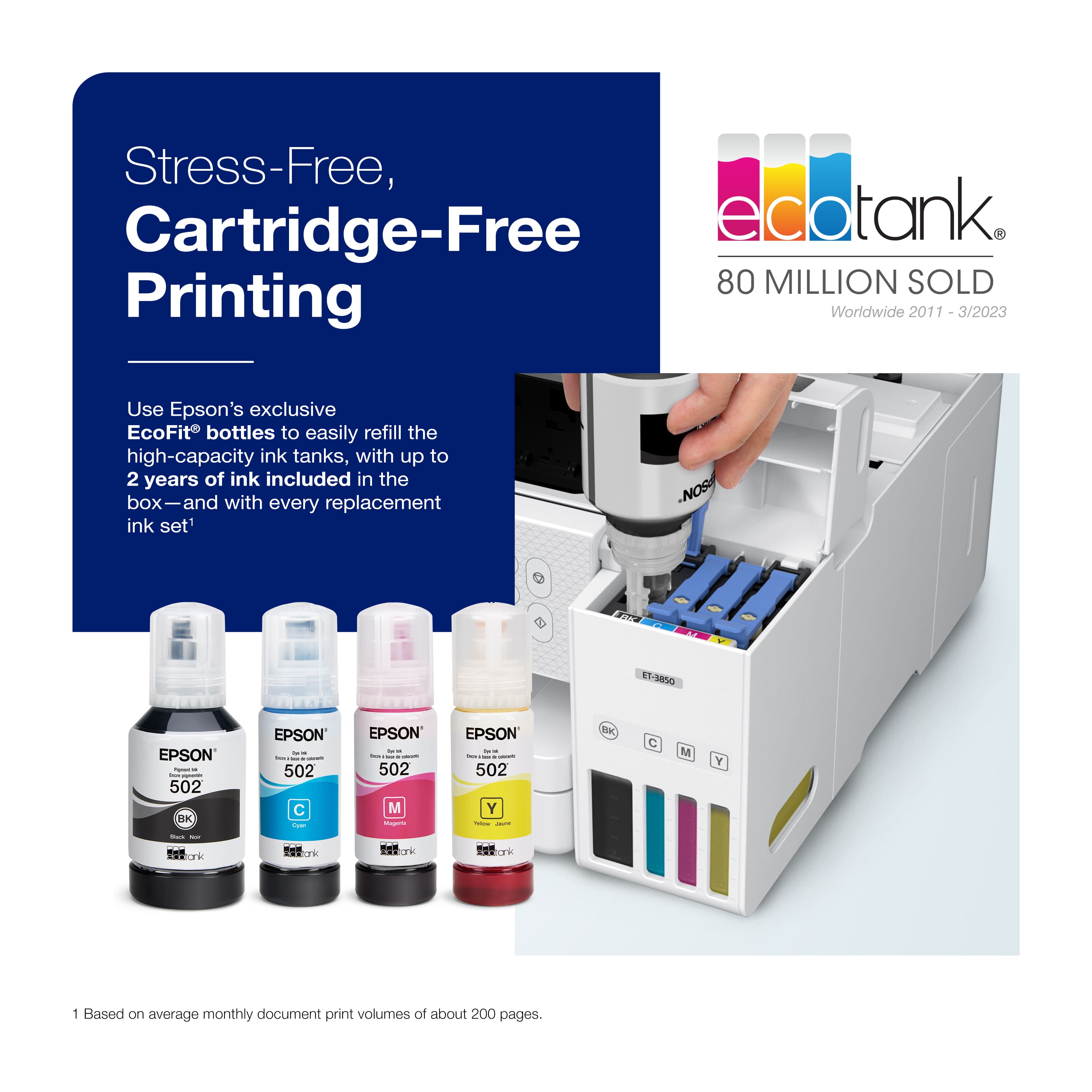Stress-Free, Cartridge-Free edotank 80 MILLION SOLD Printing Worldwide 2011-2023 Use Epson's exclusive EcoFit bottles to easily refill the high-capacity ink tanks, with up to 2 years of ink included in the box-and with every replacement ink set. NOS Fa 8T-3850 EPSON : - : 502 BK EPSON F : : 502 C - EPSON 2 - : : 502 M EPSON - : - | 502 Y - - TK M Y - - THE tork 1 Based on average monthly document print volumes of about 200 pages.
