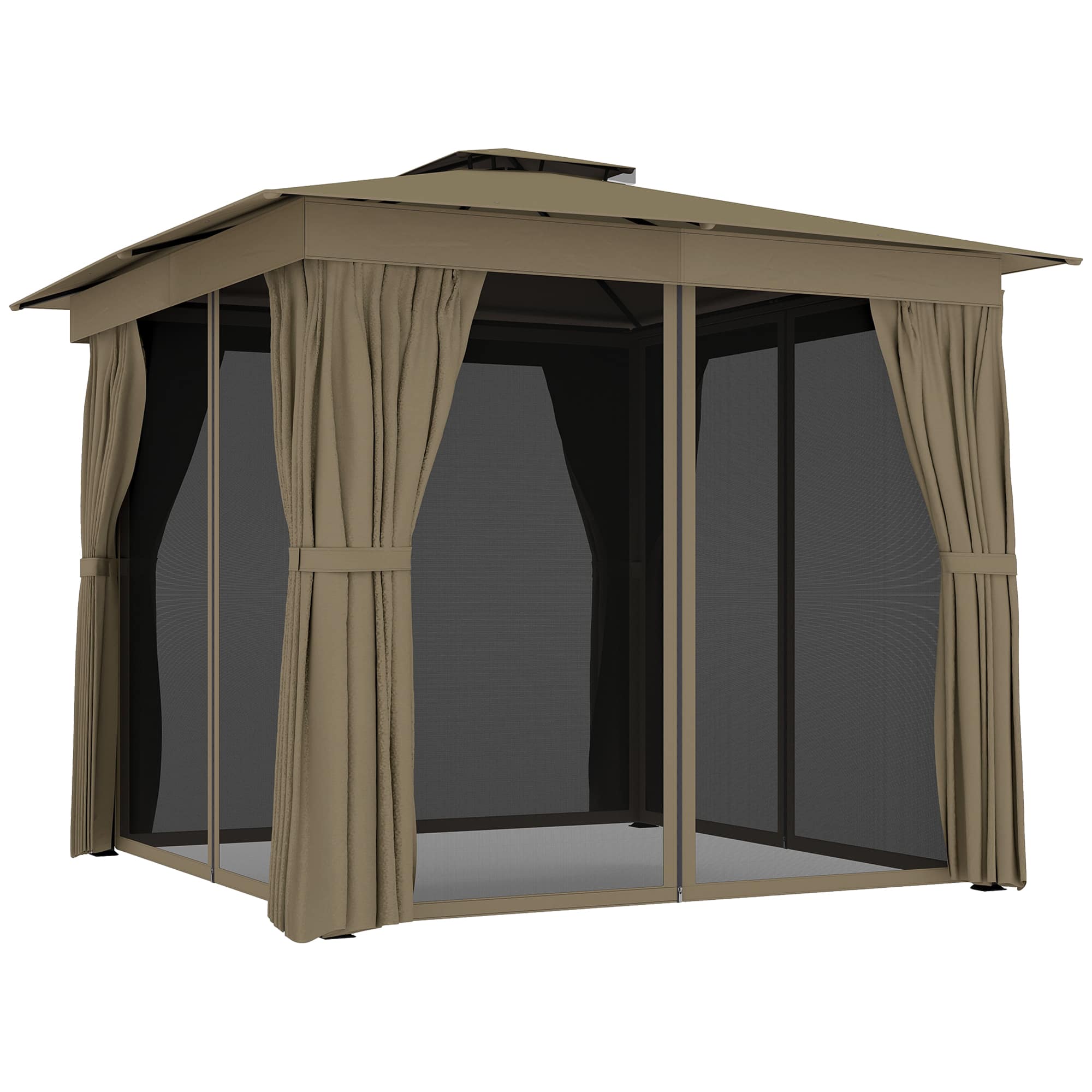 Outsunny - 10' x 10' Outdoor Patio Gazebo, Soft Top Gazebo Canopy Shelter with Double Roof, Curtains, Netting, Steel Frame
