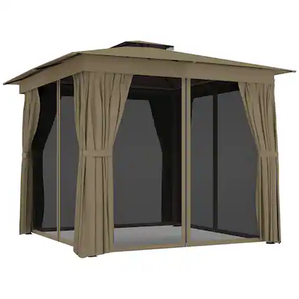 Front. Outsunny - 10' x 10' Outdoor Patio Gazebo, Soft Top Gazebo Canopy Shelter with Double Roof, Curtains, Netting, Steel Frame.