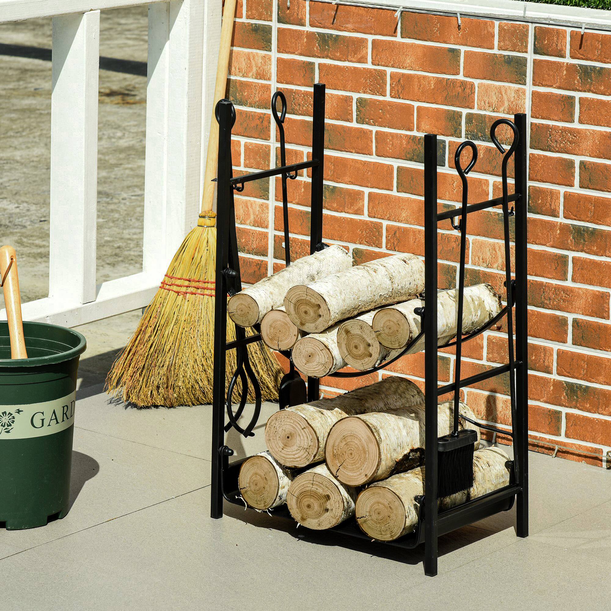 Alt View 1. Outsunny - Firewood Rack with Fireplace Tools, Indoor Outdoor Firewood Holder, Flat Bottom with 2 Tiers for Fireplace - Black.