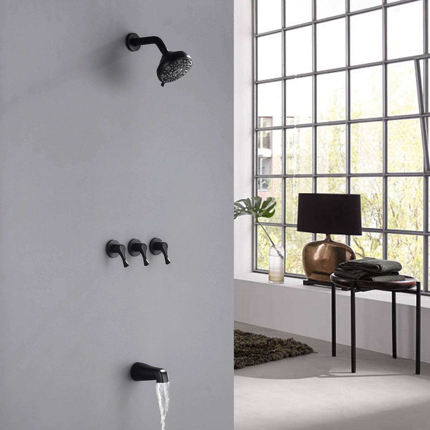 Alt View 4. Boyel Living - Matte Black Shower Set with 6 Function ABS Overhead Shower Three Handle Control and High Flow Tub Spout - Matte Black.