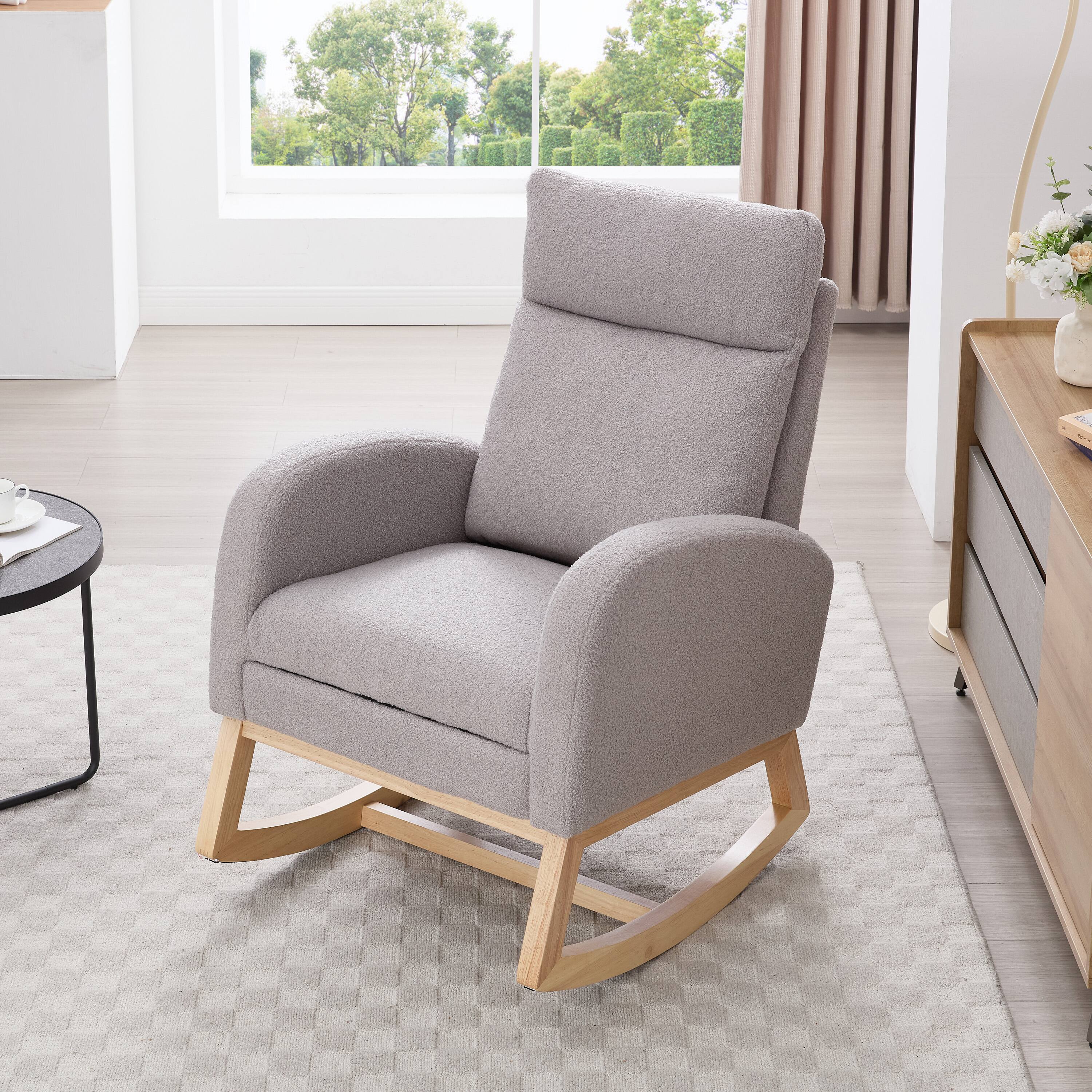 Front. Anysun - Teddy Fabric Rocking Chair with Adjustable Footstool - Thickened Headrest, High Back, Storage Pocket, Solid Wood Base - Light Gray.