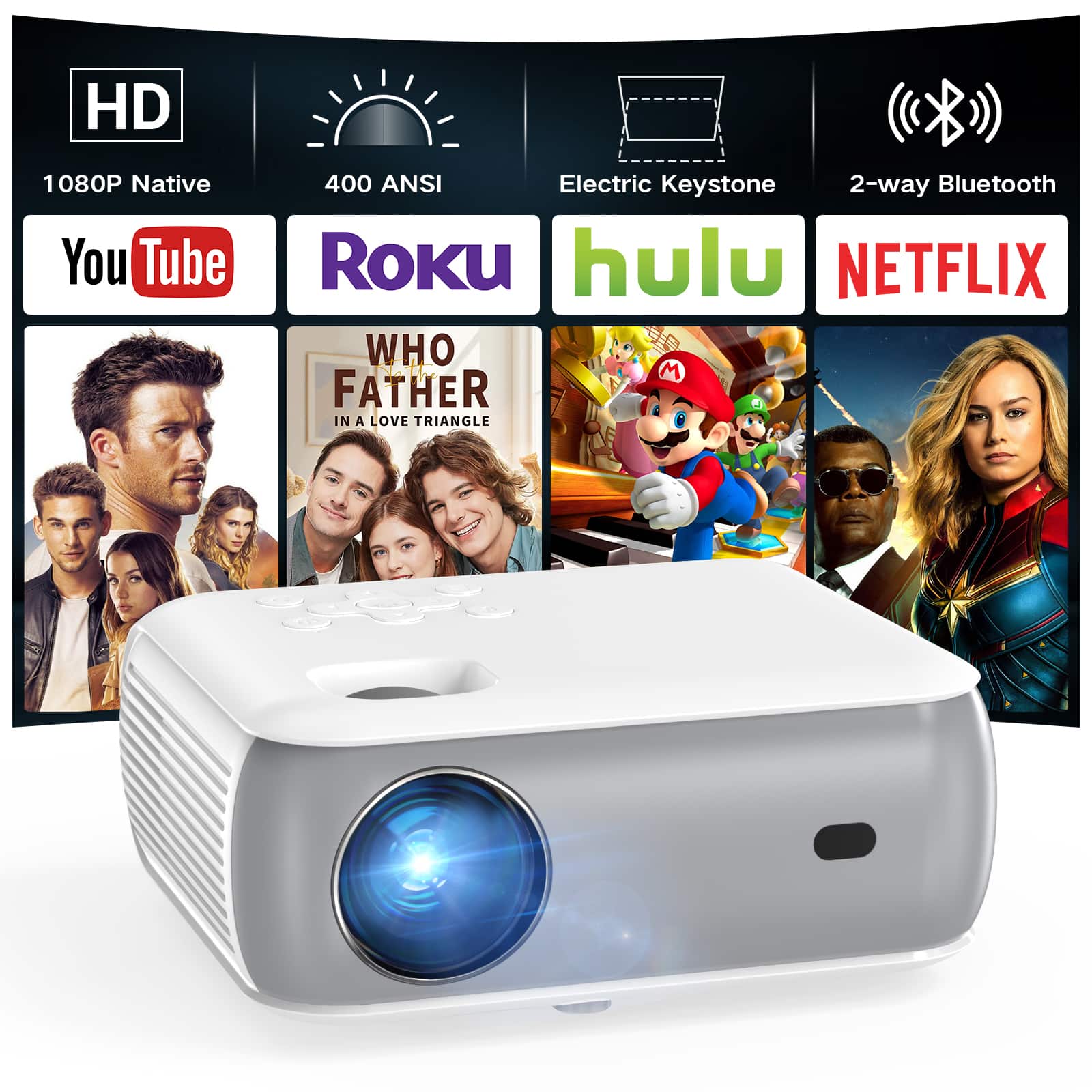 Groview - Native 1080P Bluetooth Mini Projector with Speaker, Home Theater, PS5/Switch/USB, Indoor & Outdoor Use