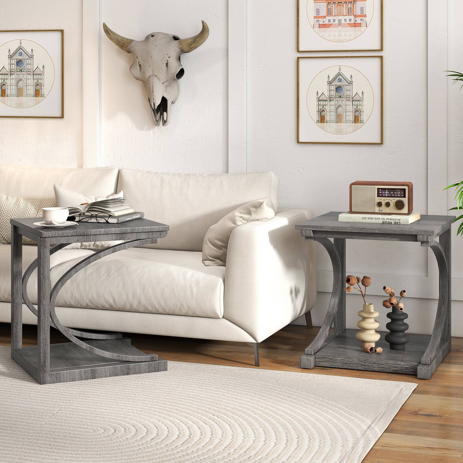 Alt View 2. SlickBlue - C-Shaped 2-Tier End Table, Square Sofa Side Table for Living Room or Bedroom - Grey.
