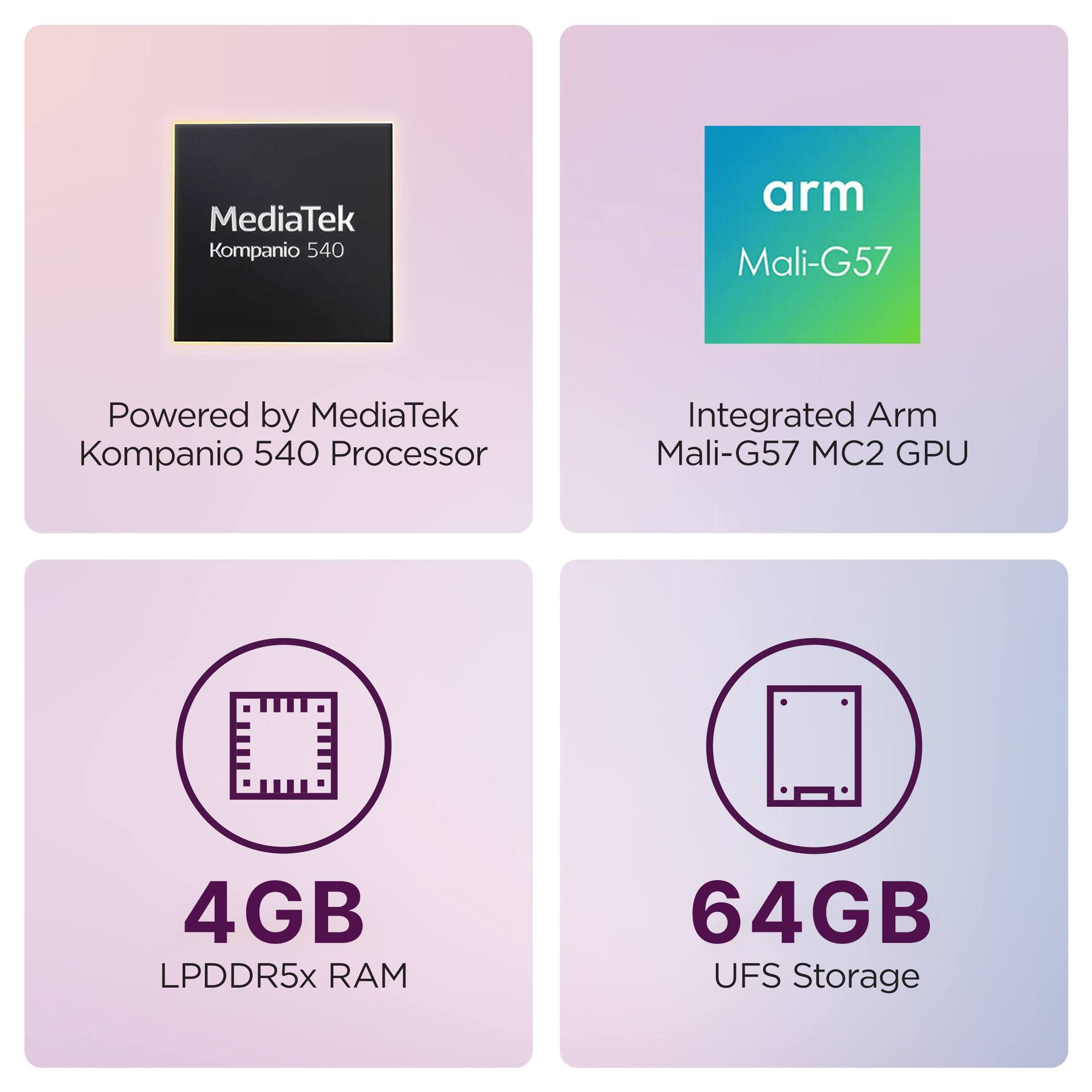 MediaTek Kompanio 540  
Powered by MediaTek Kompanio 540 Processor  
Integrated Arm Mali-G57 MC2 GPU  
4GB LPDDR5x RAM  
64GB UFS Storage