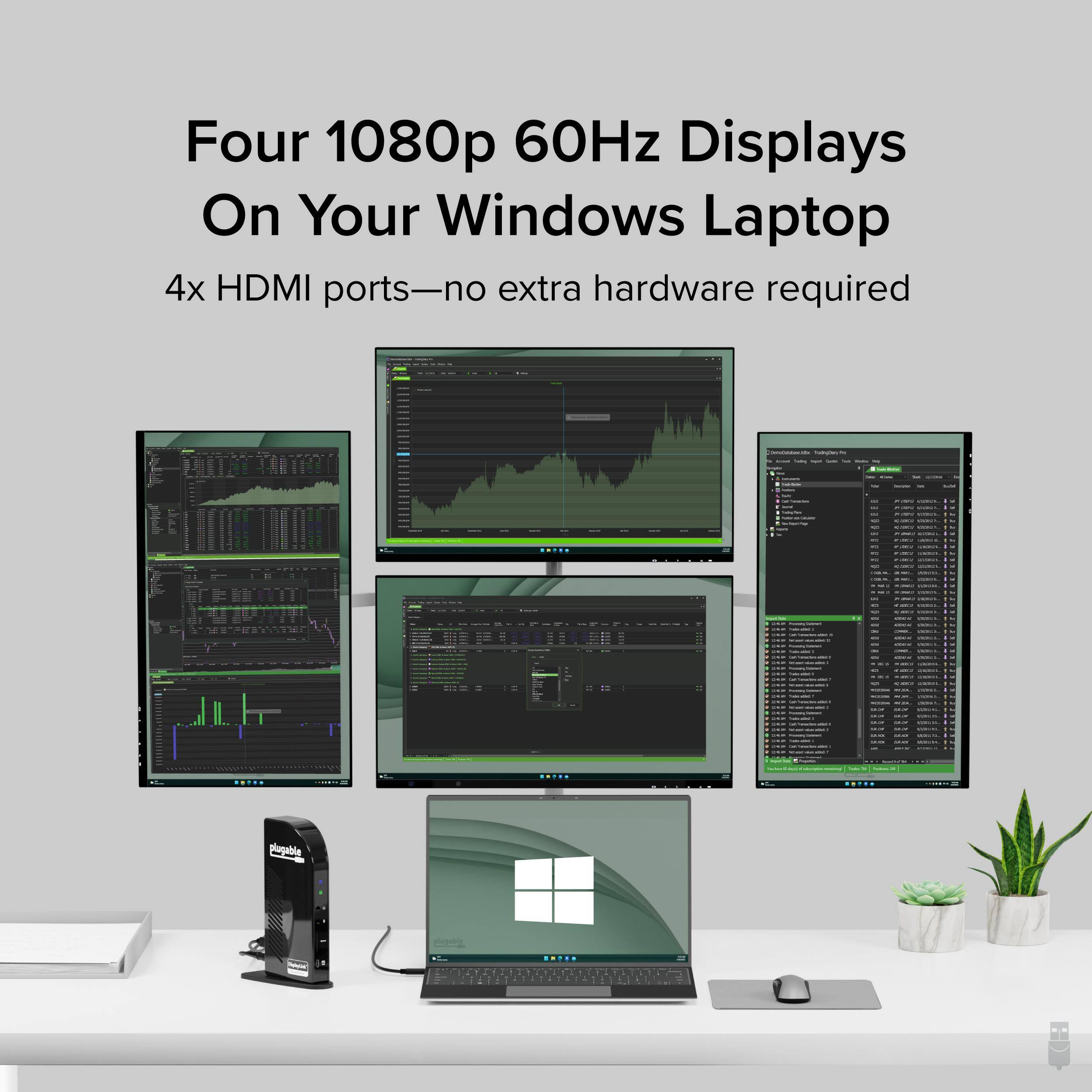 Four 1080p 60Hz Displays On Your Windows Laptop  
4x HDMI ports—no extra hardware required