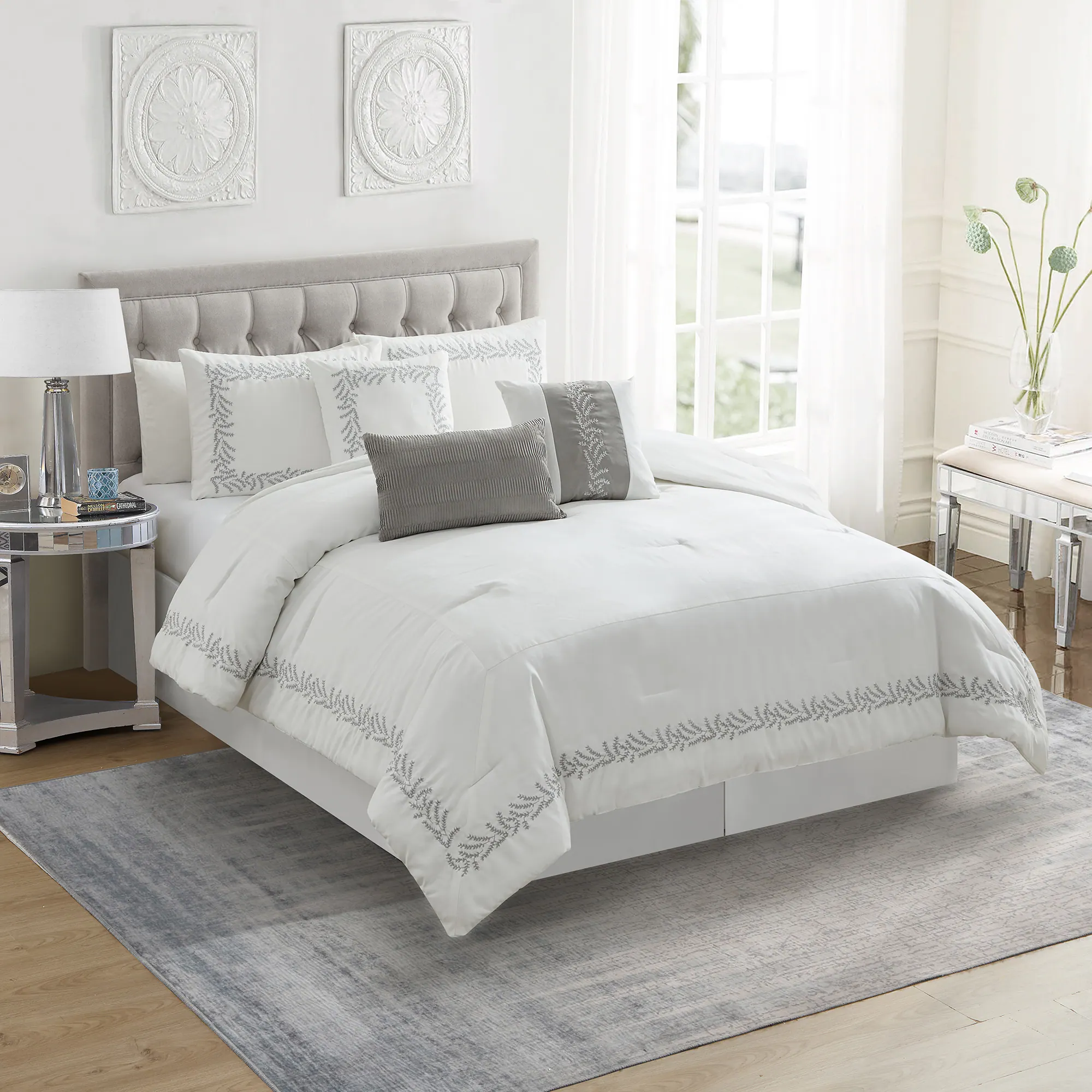 Sweet Home Collection - Salerno 7 Piece Suede Elegant Comforter & Decorative Pillow Set- Queen - White