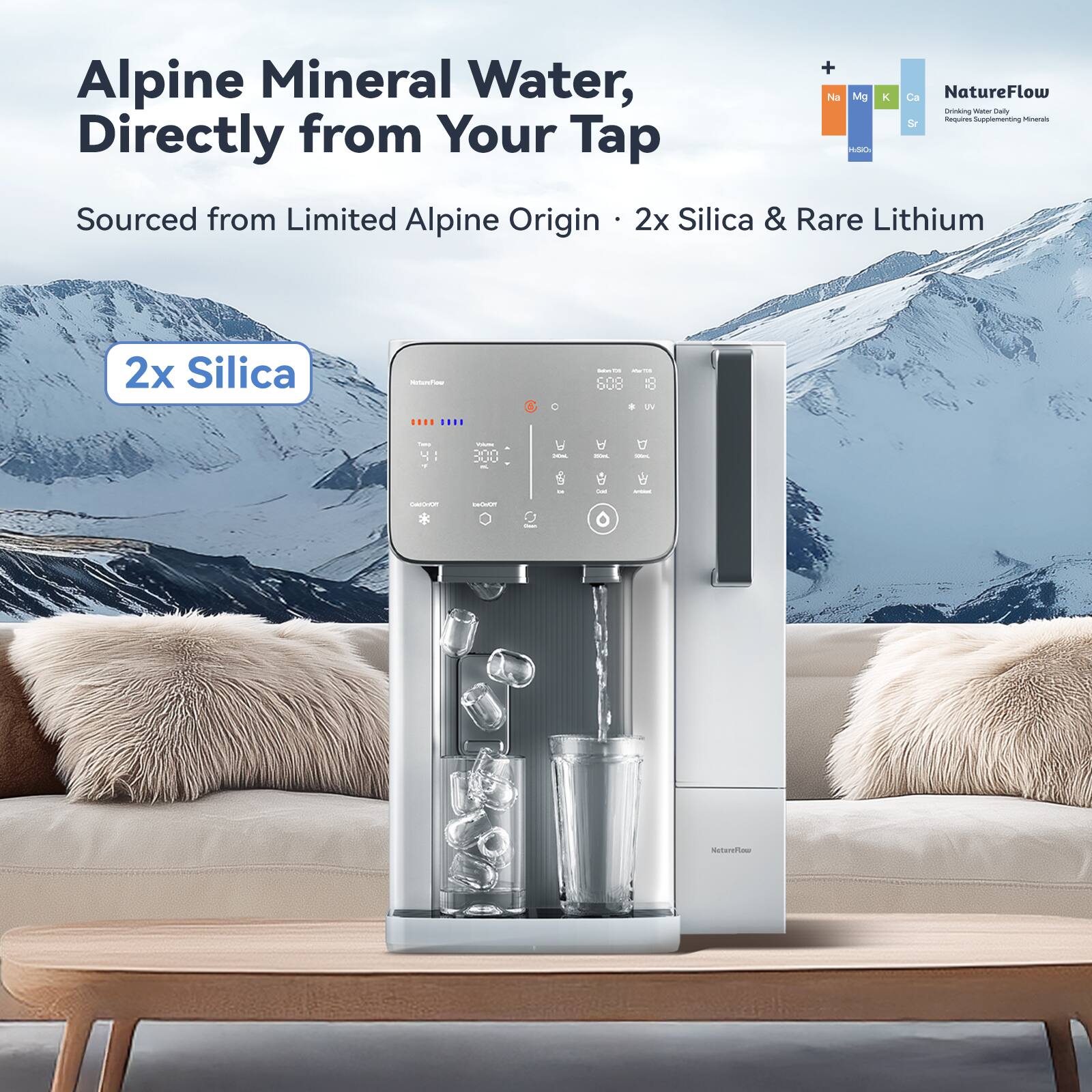 Alpine Mineral Water, Directly from Your Tap

Sourced from Limited Alpine Origin - 2x Silica & Rare Lithium

NatureFlow Drinking Water Daily Required Supplementing Minerals

Na Mg K Ca Sr

2x Silica