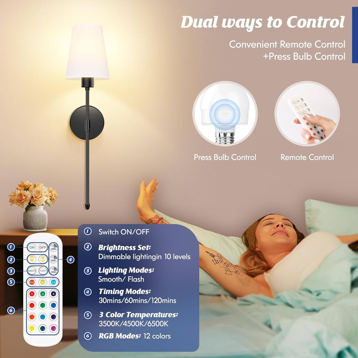 Dual ways to Control  
Convenient Remote Control + Press Bulb Control  

1. Switch ON/OFF  
2. Brightness Set: Dimmable lighting in 10 levels  
3. Lighting Modes: Smooth/ Flash  
4. Timing Modes: 30mins/60mins/120mins  
5. 3 Color Temperatures: 3500K/4500K/6500K  
6. RGB Modes: 12 colors  

Press Bulb Control  
Remote Control