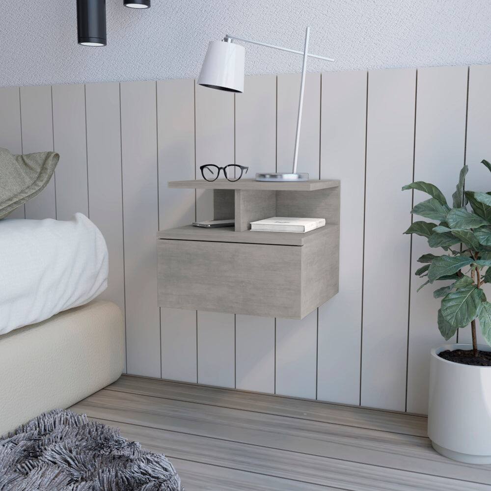 Front. Treevol Furniture - Floating Nightstand Flopini with 1-Drawer and Shelves - Gray.