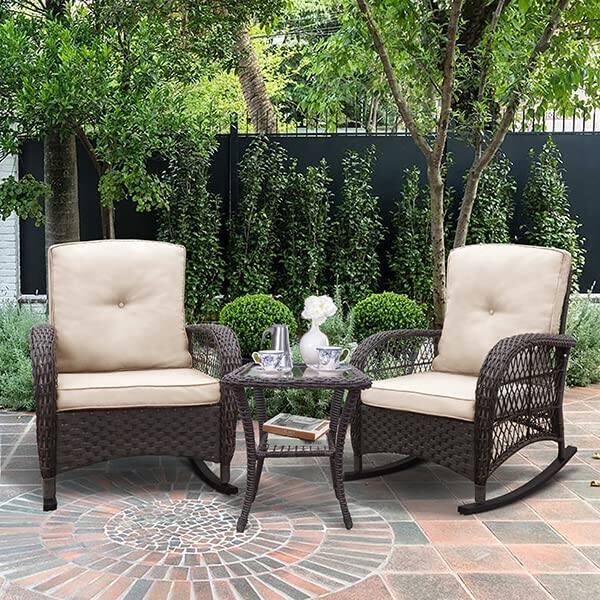 Alt View 5. Ecooso - 3-Piece Wicker Patio Conversation Set with Rocking Chairs and Glass Top Table - Brown.