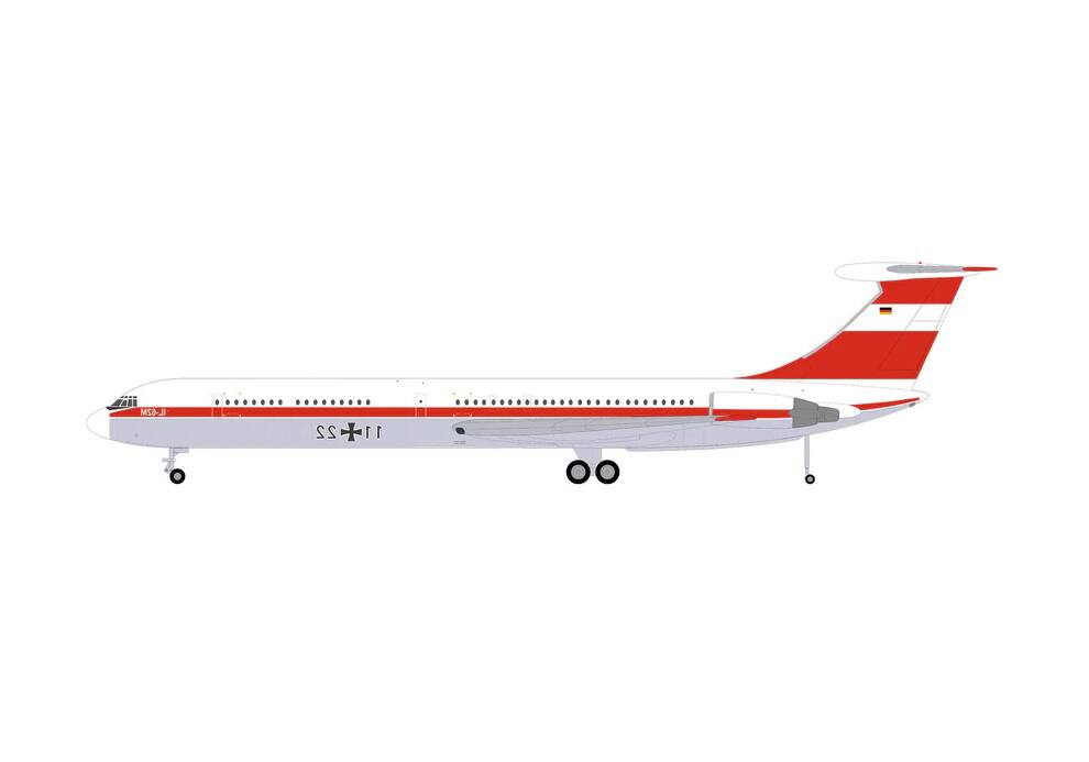 Alt View 2. Herpa - Ilyushin IL-62M Commercial Aircraft "German Luftwaffe" (11+22) White with Red Stripes 1/200 Diecast Model by Herpa.
