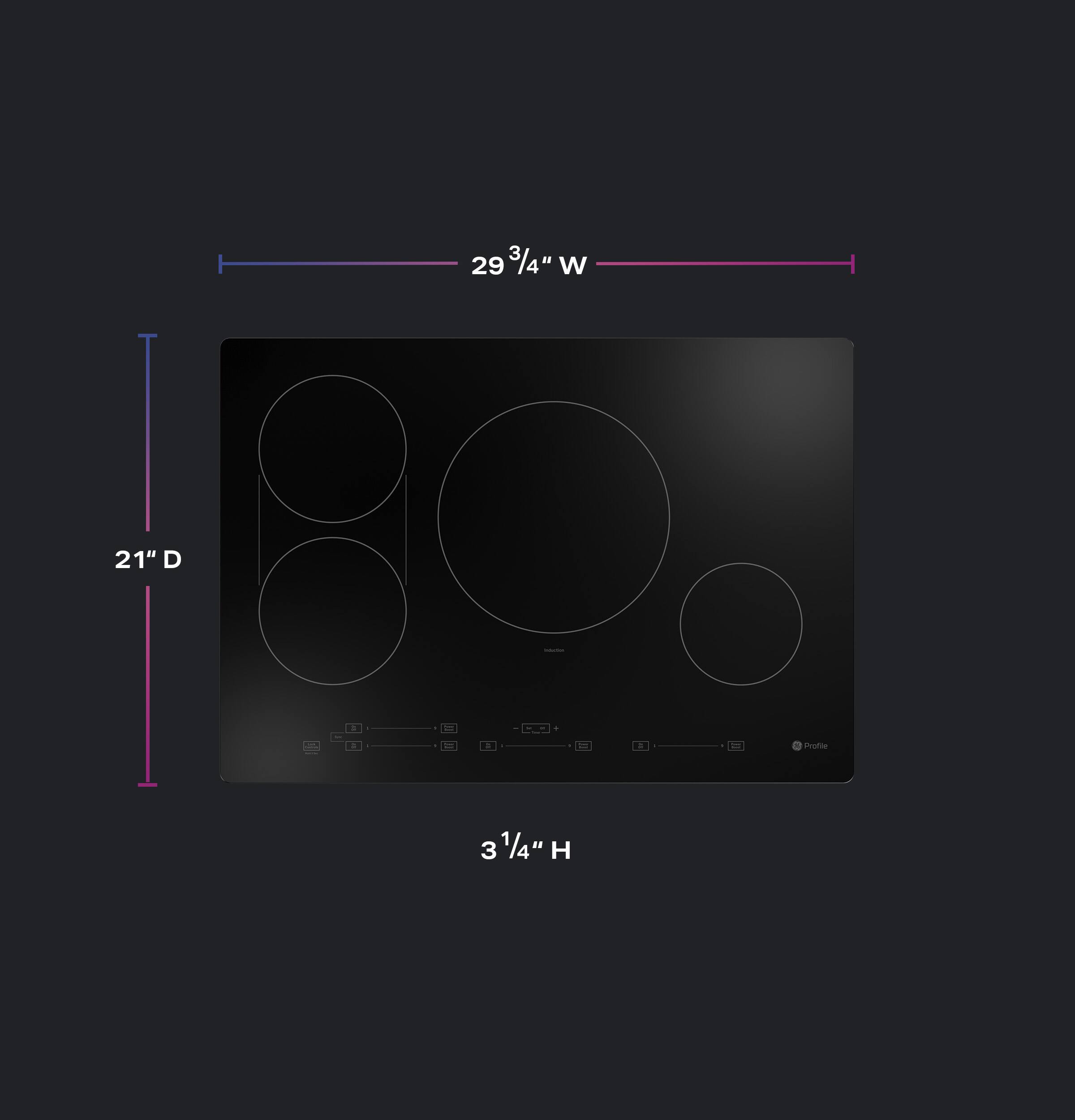The image shows a stove top with a 29 3/4" width and a 21" depth. The stove top has a 31/4" diameter.