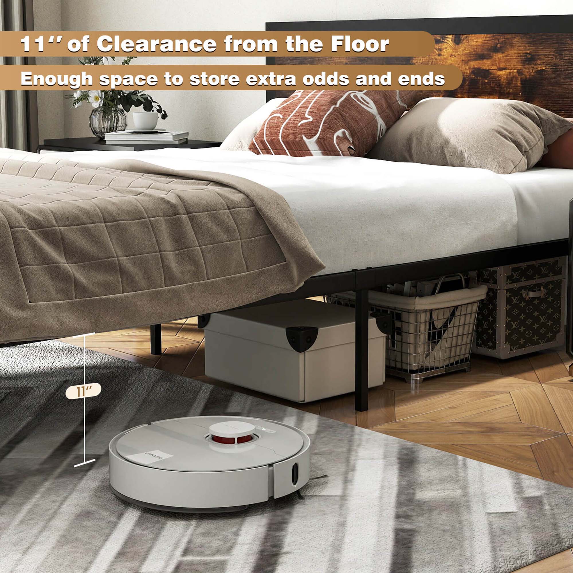 11" of clearance from the floor is enough space to store extra odds and ends.