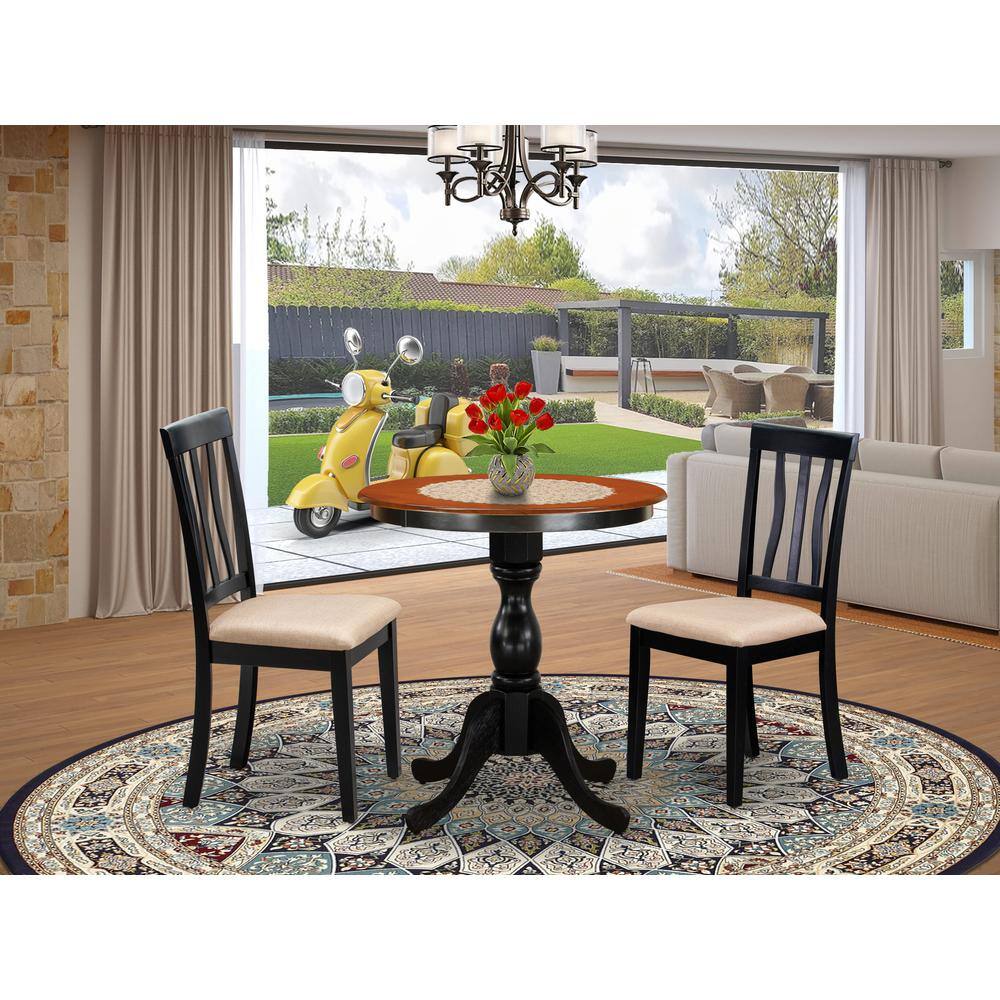 Angle. East West Furniture - East West Furniture 3-Piece Mid Century Dining Set Include a Kitchen Table and 2 Linen Fabric Mid Century Chairs with - Multi-Color.