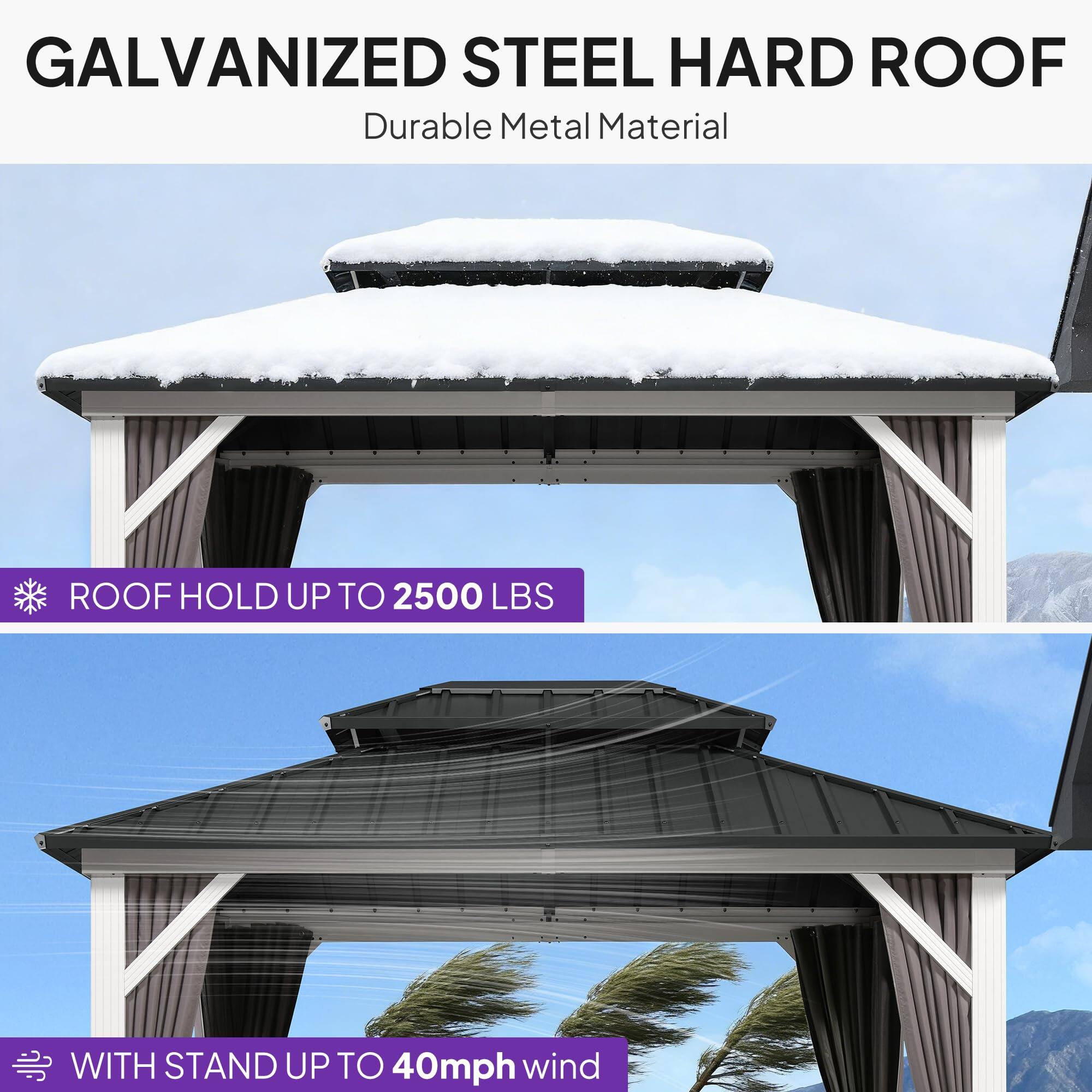 GALVANIZED STEEL HARD ROOF  
Durable Metal Material  

ROOF HOLD UP TO 2500 LBS  

WITH STAND UP TO 40mph wind