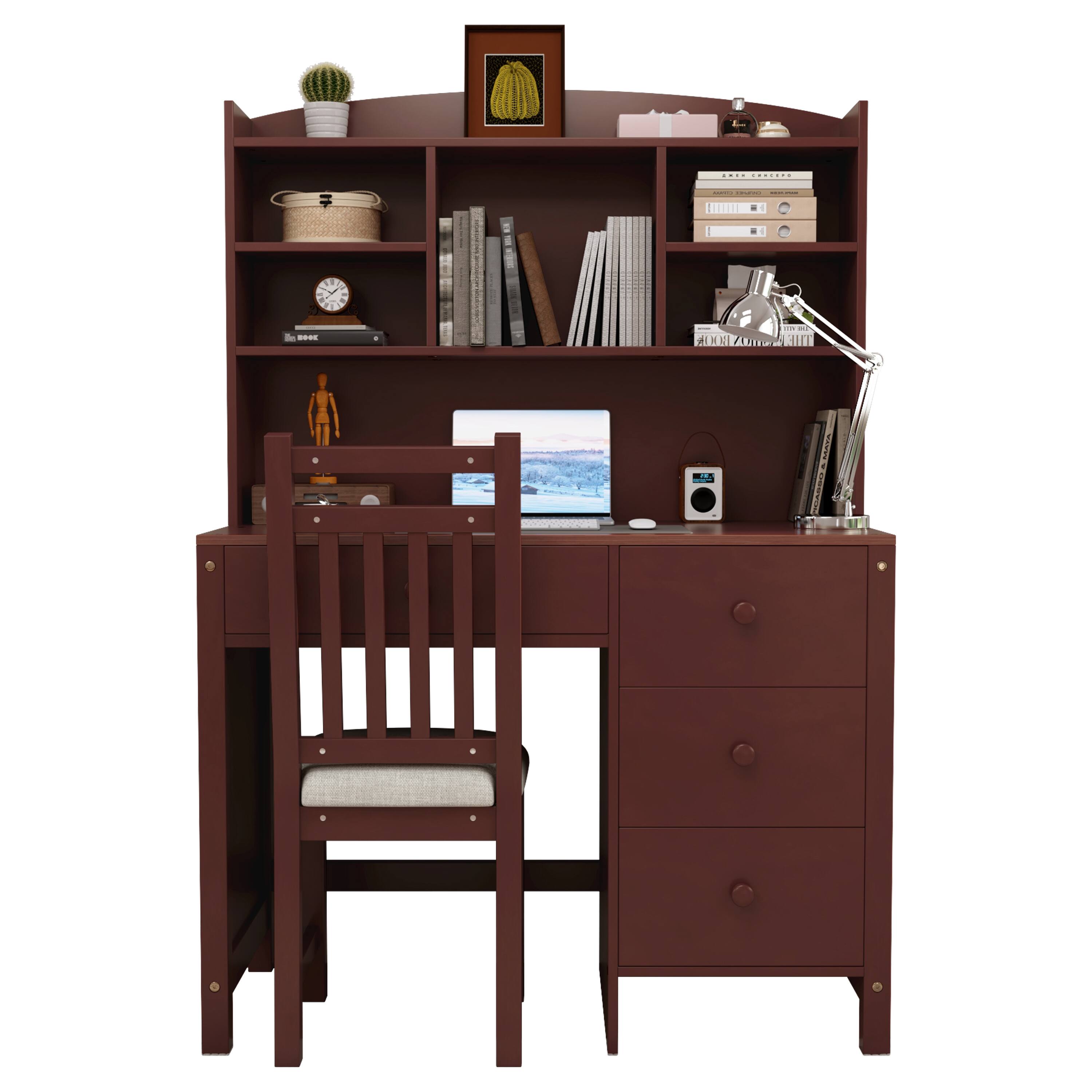 Alt View 9. Glintex - 40'' Executive Desk & Upholstered Chair Set – Classic Retro Design with Built-In Bookshelf, Drawers & Spacious Workspace - Espresso.