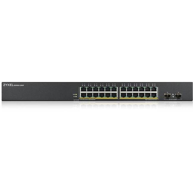 ZYXEL GS1900-26GP

24 x 10/100/1000Base-T RJ45 ports
2 x SFP ports

Power over Ethernet (PoE) supported
Power consumption: 15W

Dimensions: 440 x 140 x 44 mm