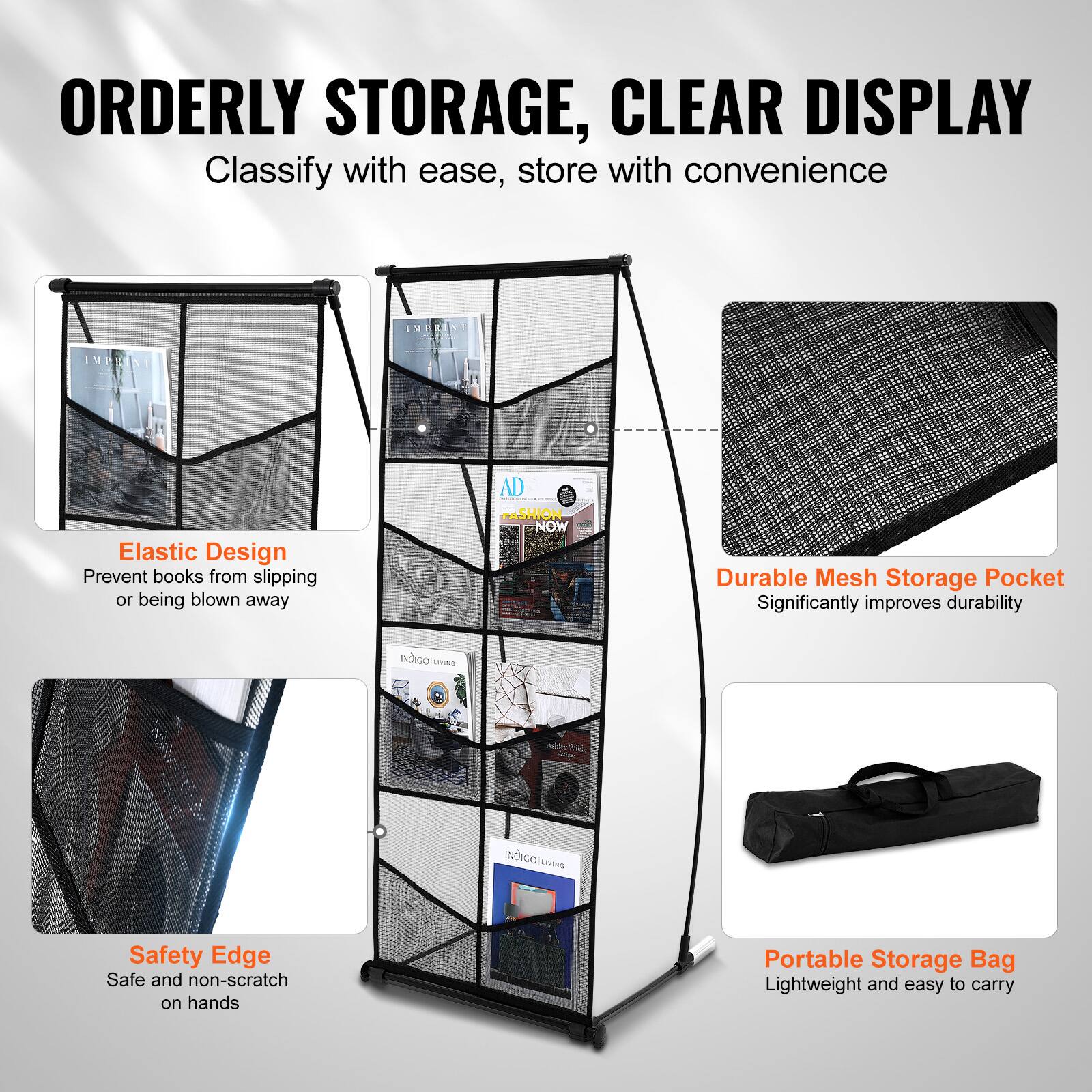 ORDERLY STORAGE, CLEAR DISPLAY  
Classify with ease, store with convenience  

Elastic Design  
Prevent books from slipping or being blown away  

Safety Edge  
Safe and non-scratch on hands  

Durable Mesh Storage Pocket  
Significantly improves durability  

Portable Storage Bag  
Lightweight and easy to carry