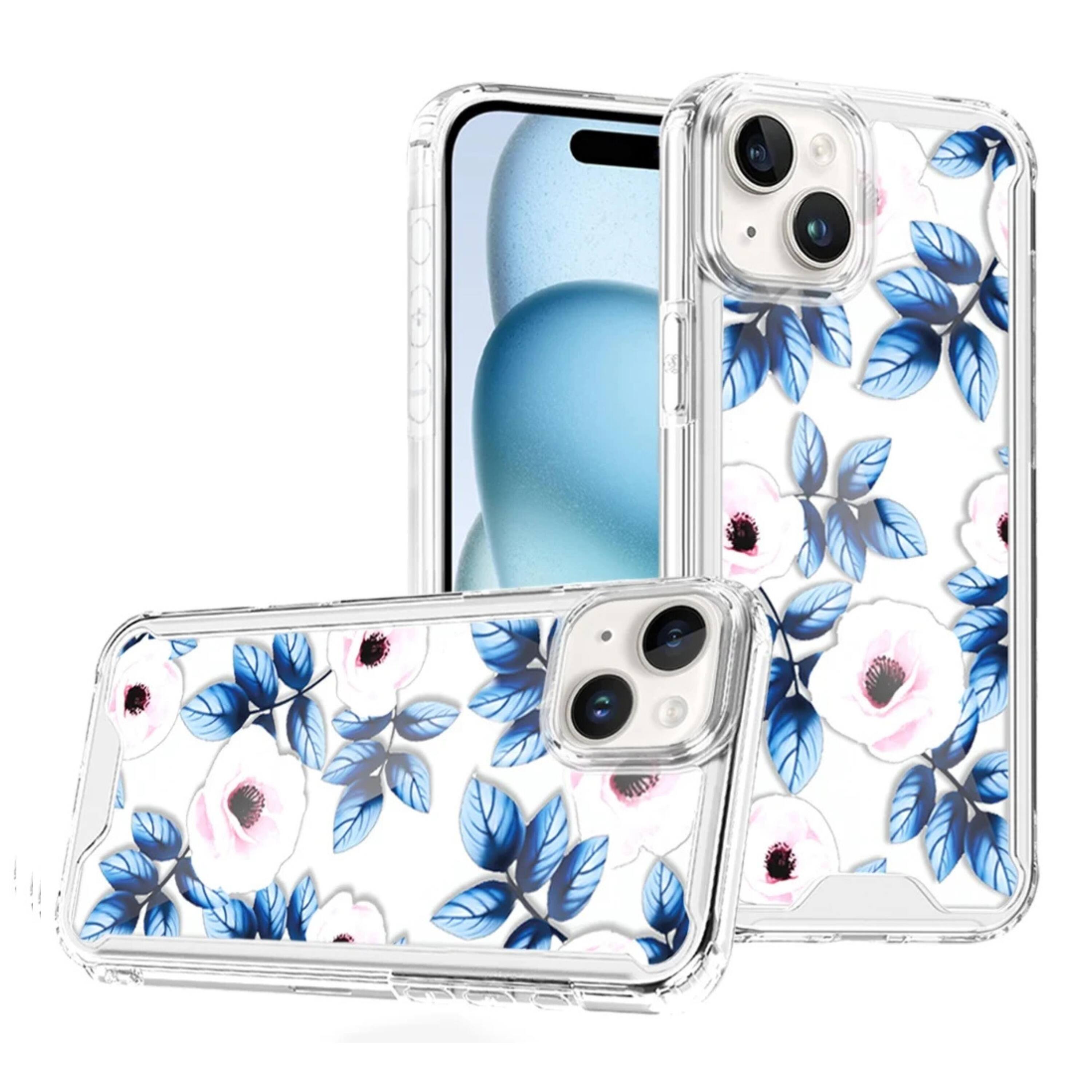 Front. Kitcheniva - Trendy Cute Print Clear TPU Protective Phone Case With 2 Tempered Glass For iPhone 15 Blue Leaves - Blue.