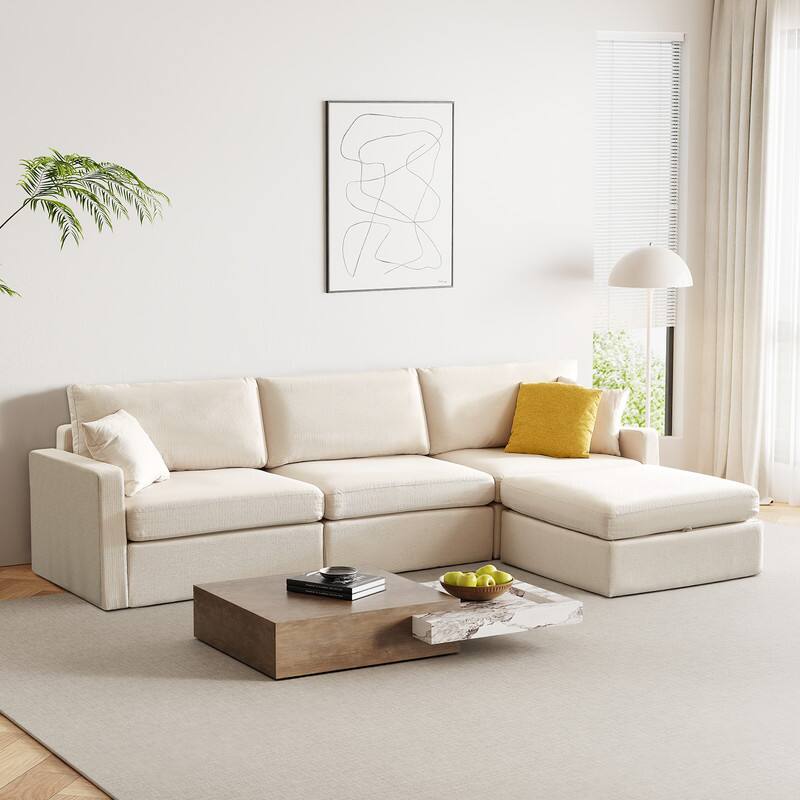 Angle. Dyonery - Dyonery 113" Modular Sectional Sofa with Storage Ottoman, L Shaped Sectional Couches,White - Beige.
