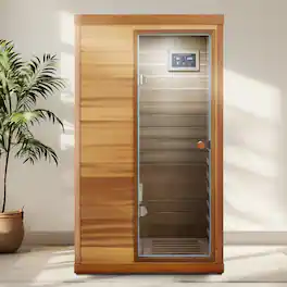 Boyel Living - Red Cedar Mini 1-Person Far Infrared Sauna with Glass Door (Right) and Bluetooth Audio - Natural Wood+Caramel
