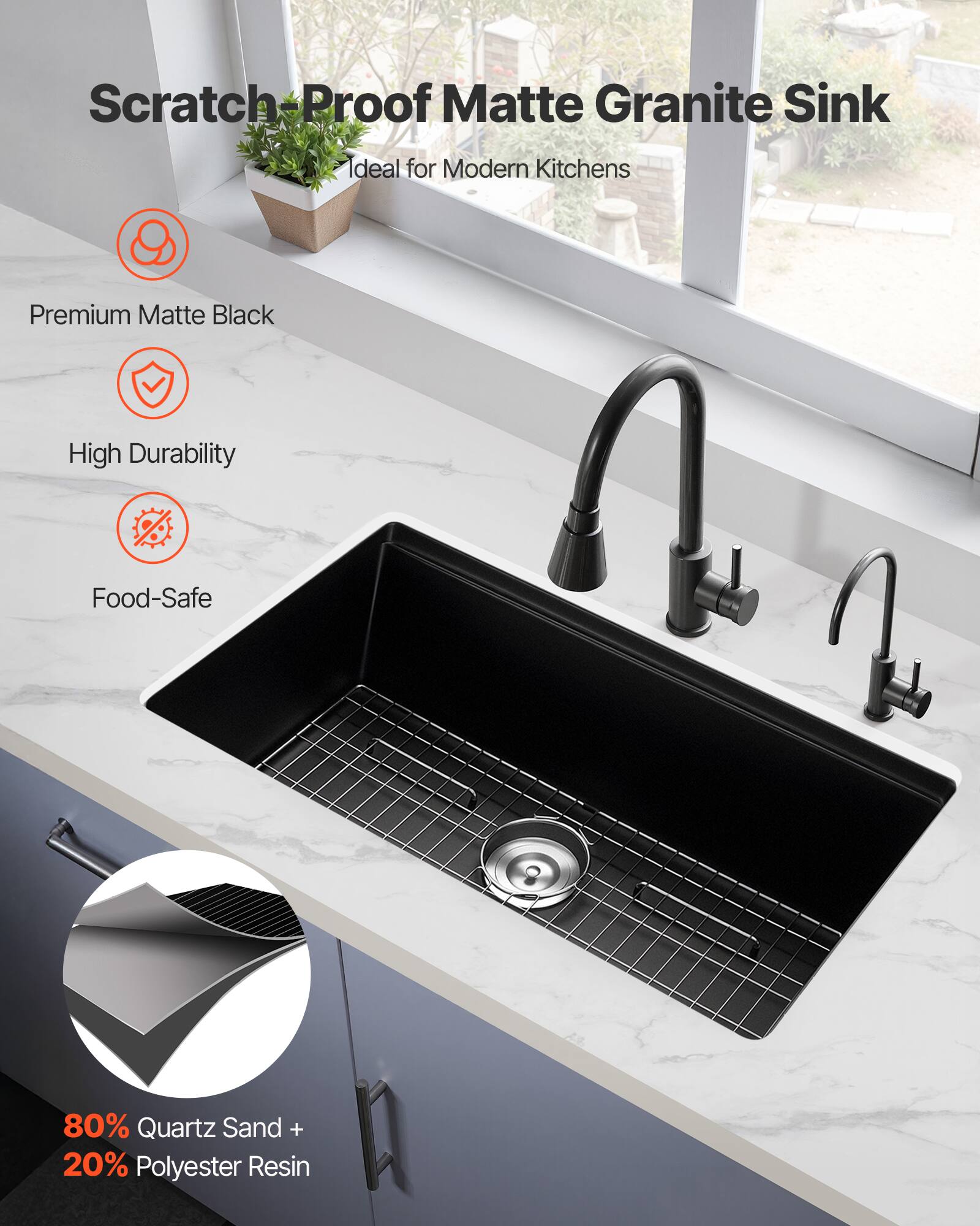 Scratch-Proof Matte Granite Sink  
Ideal for Modern Kitchens  

Premium Matte Black  
High Durability  
Food-Safe  

80% Quartz Sand + 20% Polyester Resin