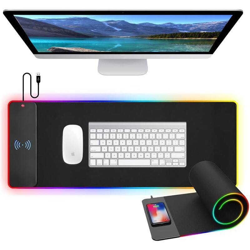 Alt View 2. Cluzine - RGB Wireless Charging Mouse Pad Large Gaming Desk Mat Qi Fast Charging - Black.