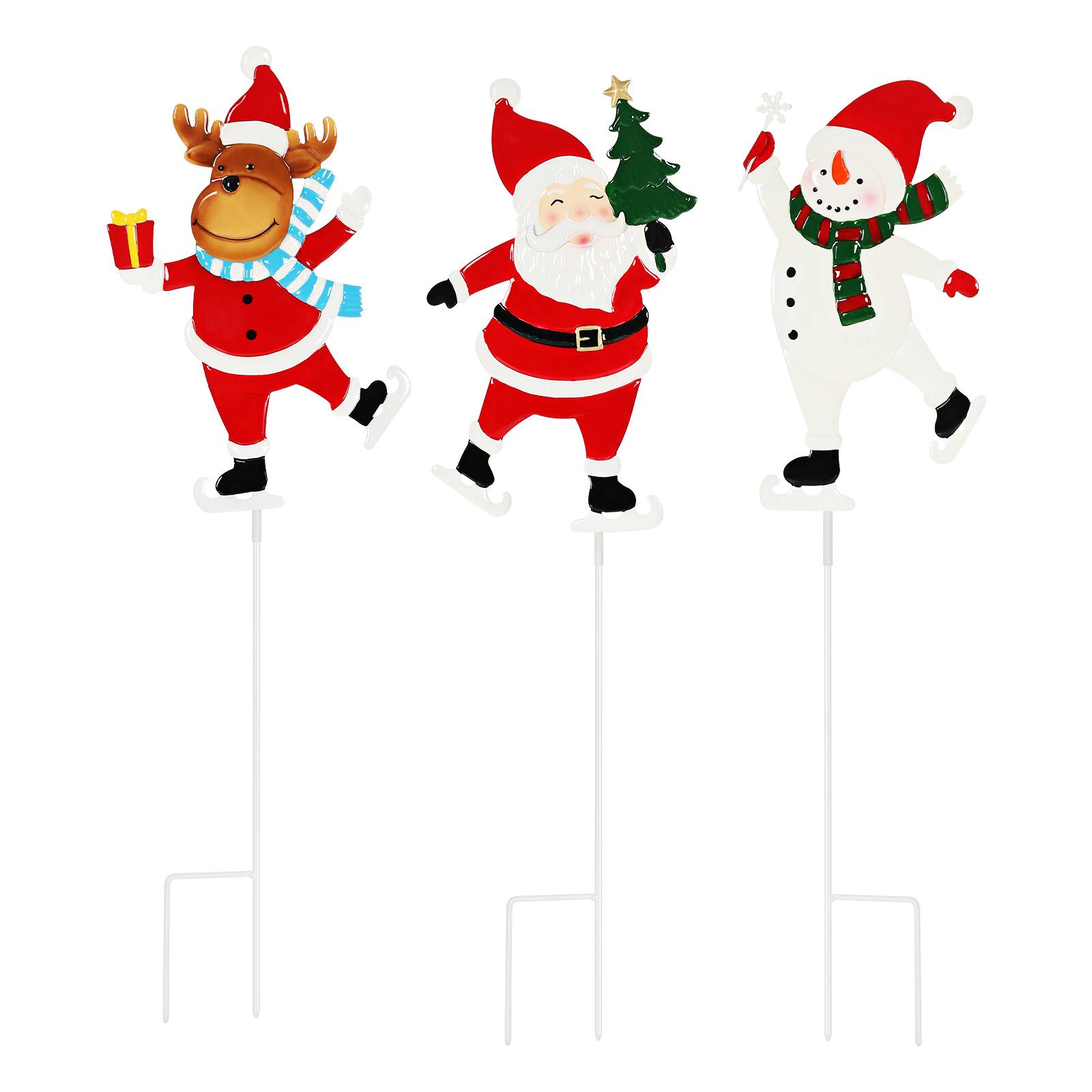 Angle. Oumilen - 3‑Pack Christmas Skating Character Garden Stakes – Metal Signs with Santa, Snowman & Reindeer for Lawn Pathway.