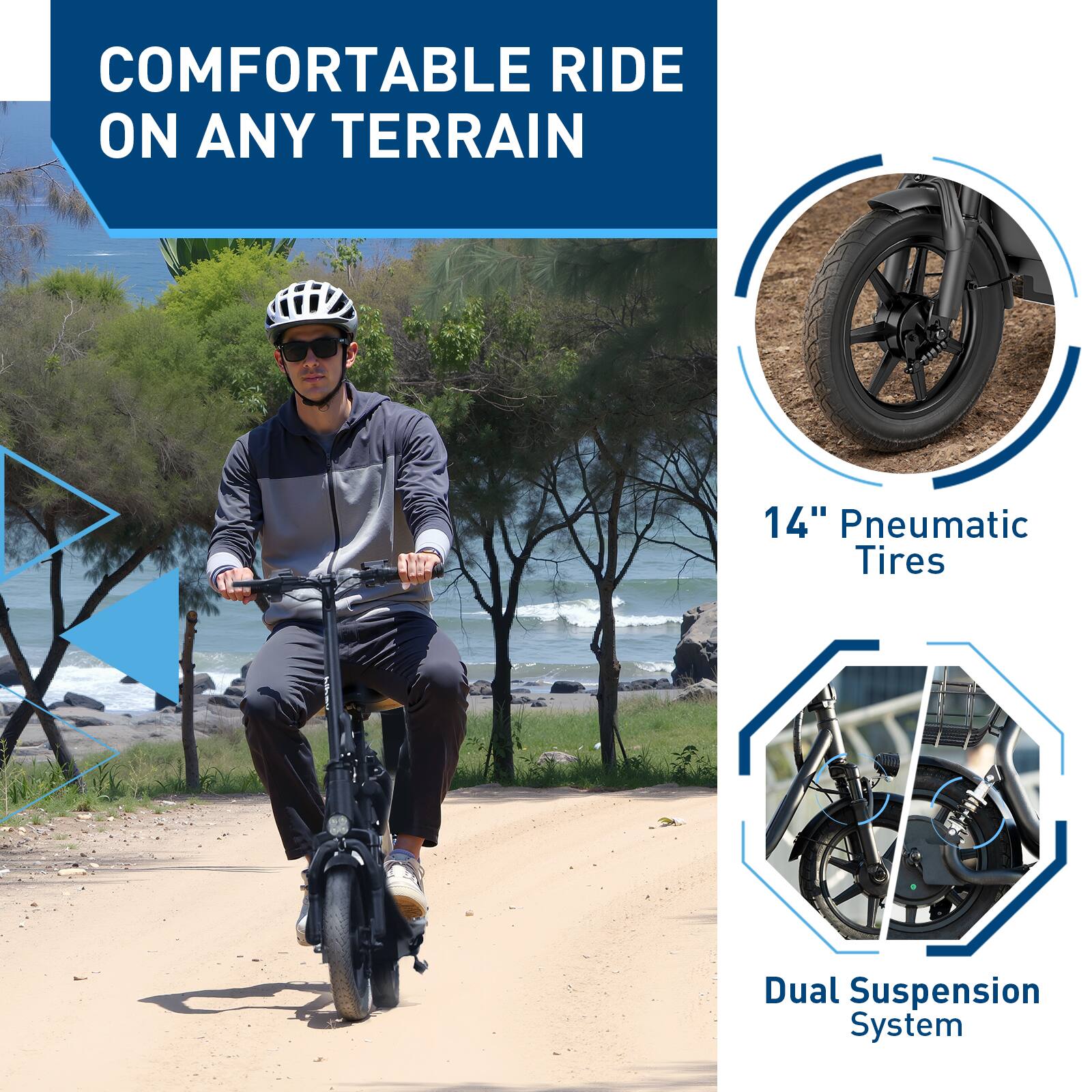The image features a man riding a motorized scooter on a dirt road. The scooter has 14" pneumatic tires, which provide a comfortable ride on any terrain. Additionally, the scooter is equipped with a dual suspension system, further enhancing the riding experience. The man is wearing a helmet for safety while enjoying his ride.