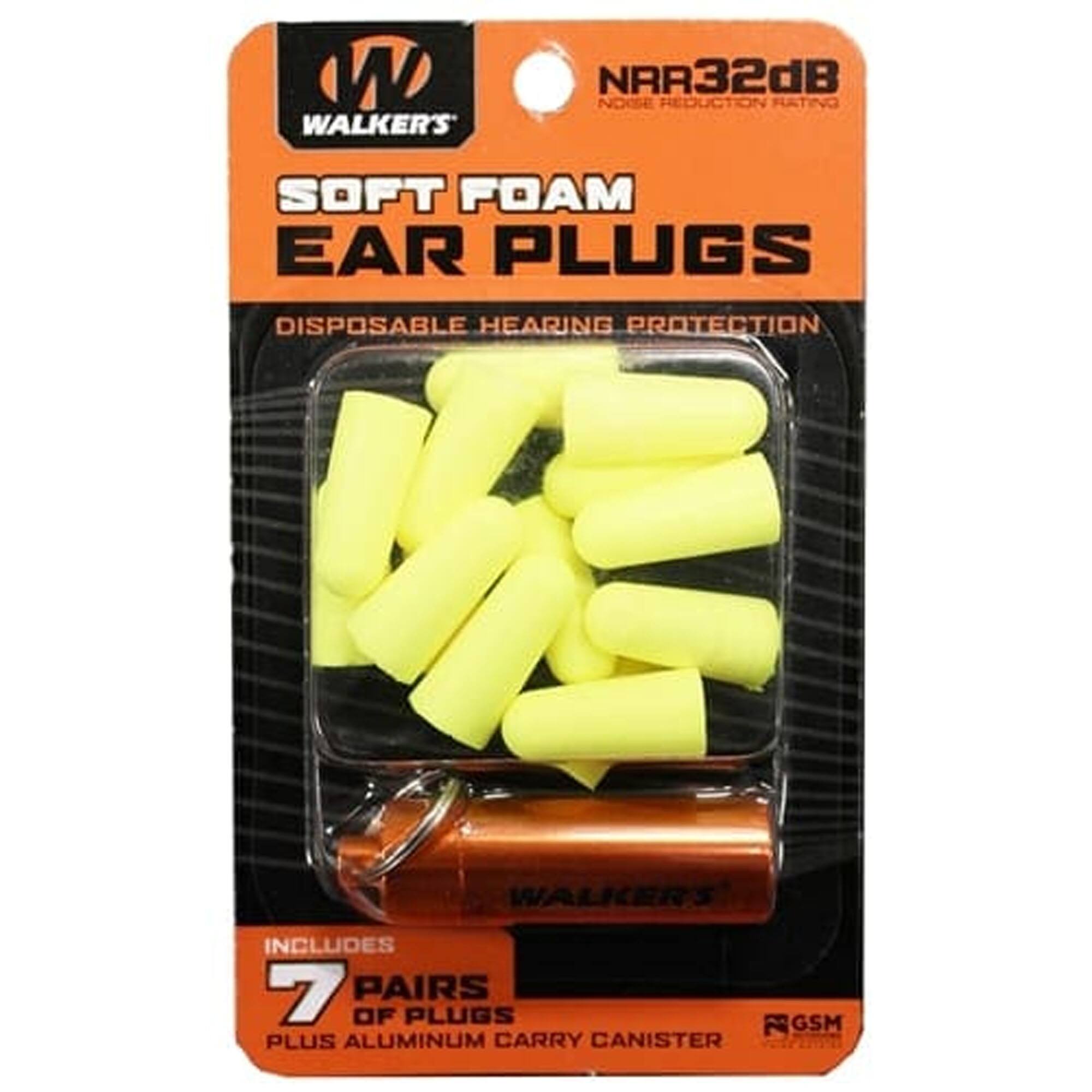 WALKER'S NRR32dB NOISE REDUCTION RETINO SOFT FOAM EAR PLUGS DISPOSABLE HEARING PROTECTION WALKER'S INCLUDES 7 PAIRS OF PLUGS PLUS ALUMINUM CARRY CANISTER