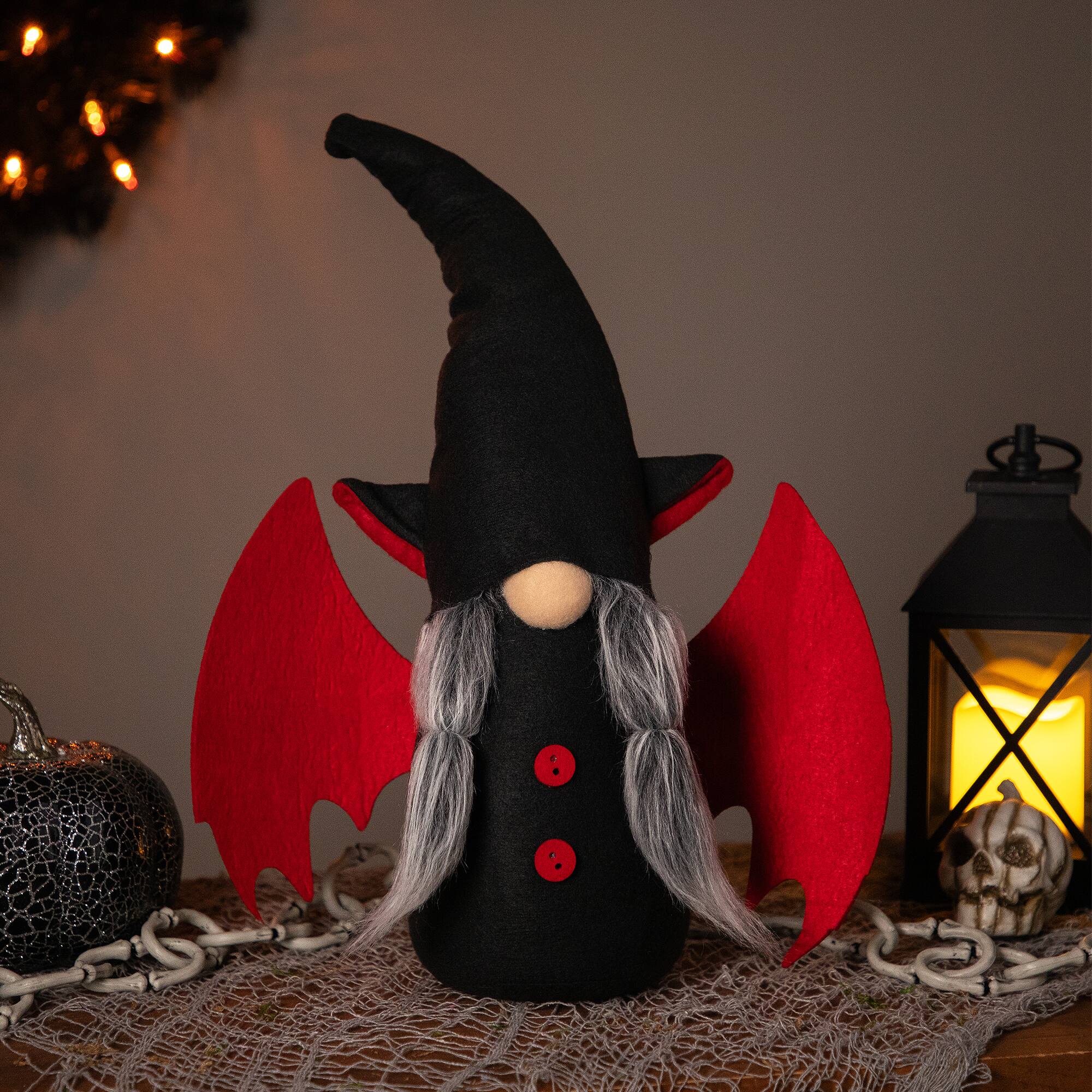 Front. Northlight - Bat Girl Gnome with Pigtails and Wings Halloween Figure - 17" - Black.