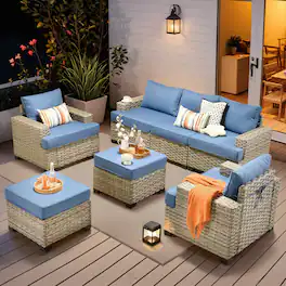 Ovios - 7 PCS Outdoor Patio Furniture High Back Rattan Sofa Set with Armchairs & Ottoman for Garden - Denim Blue