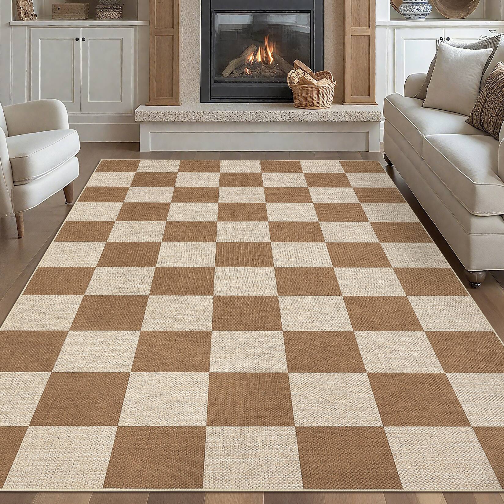 Angle. GARVEE - GARVEE Modern Geometric Area Rug Checkerboard Printed Ultra Thin Washable Non Slip Indoor Rug for Dining Room Kitchen - Coffee.