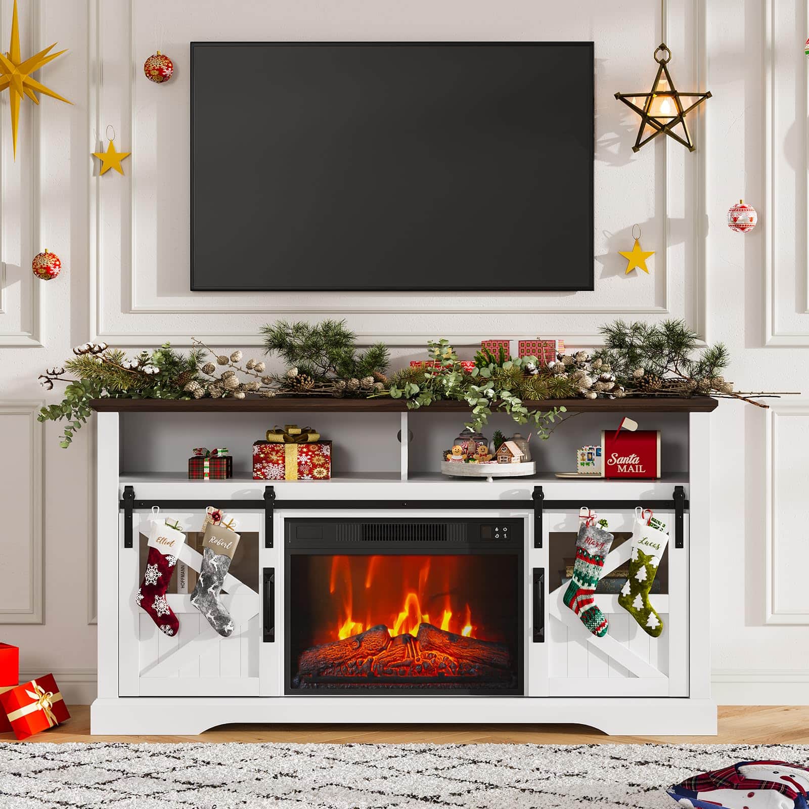 Acekool - Farmhouse Fireplace TV Stand 60 inch Electric Fireplace Tv Console