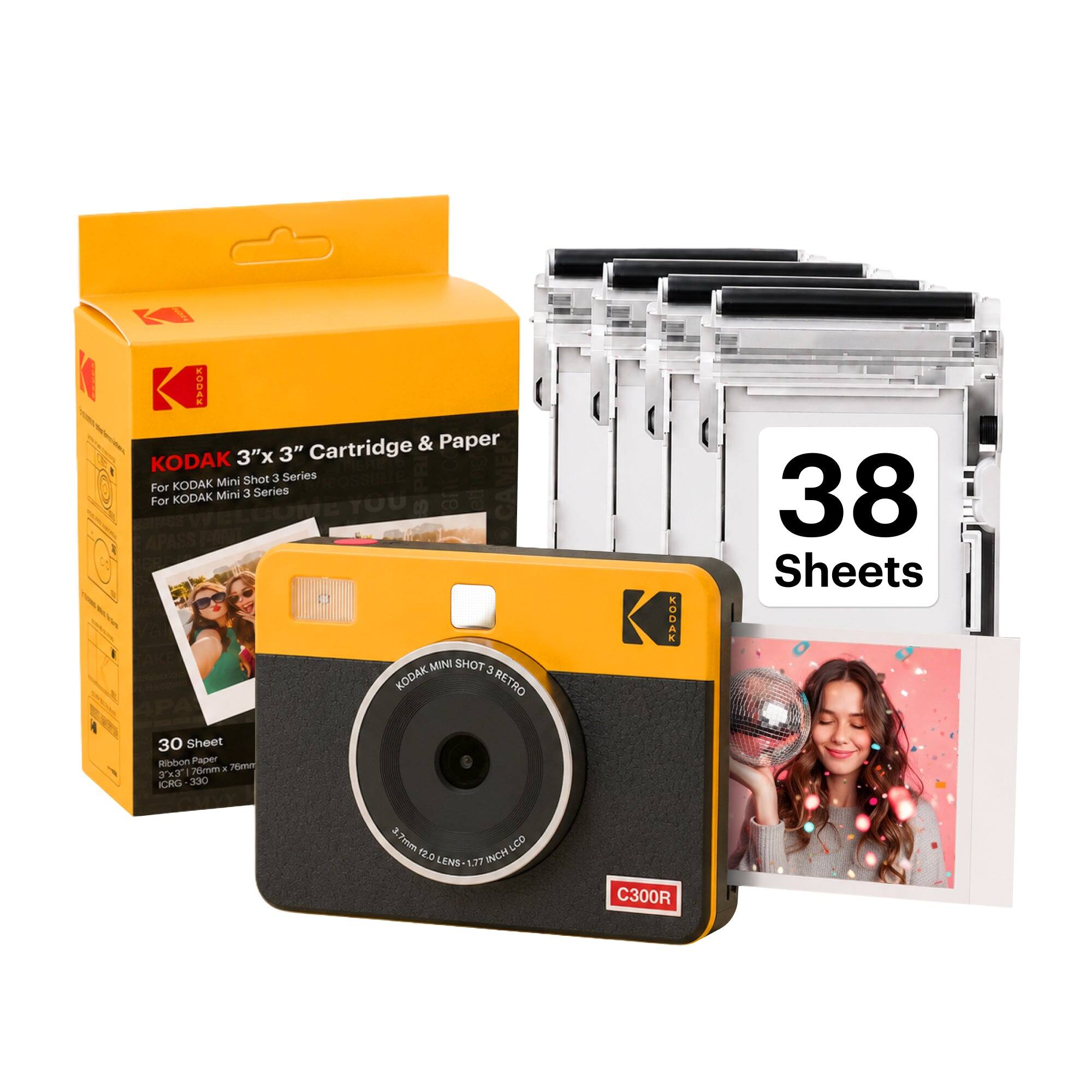KODAK 3" Cartridge & Paper  
KODAK 3"x Mini Shot 3 Series  
For KODAK Mini 3 Series  
KODAK Mini Shot 3  
KODAK RETRO  

KODAK  
38 Sheets  
30 Sheet Ribbon Paper  
76mm x 3" x 3"  
ICRG 330  
2.7mm 3.7 12.0 INCH LCD LENS 1.77  
C300R