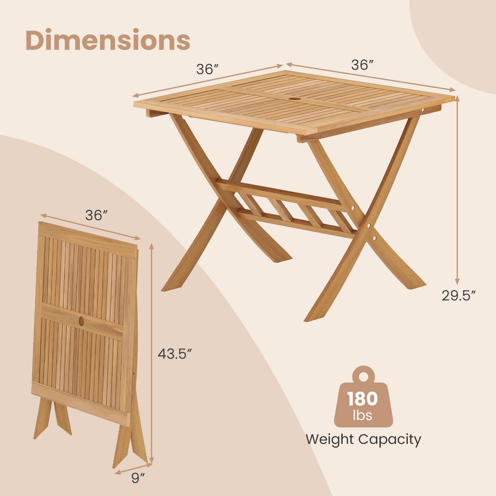 Dimensions:  
- Tabletop: 36" x 36"  
- Height: 29.5"  
- Shelf: 36" x 43.5"  
- Thickness: 9"  

Weight Capacity: 180 lbs
