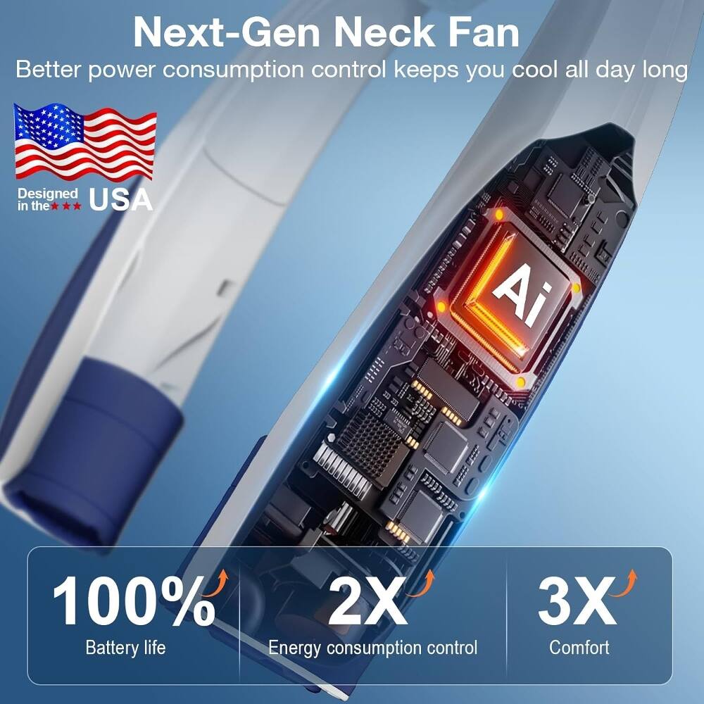 Next-Gen Neck Fan  
Better power consumption control keeps you cool all day long  
Designed in the USA  
100% Battery life  
2X Energy consumption control  
3X Comfort