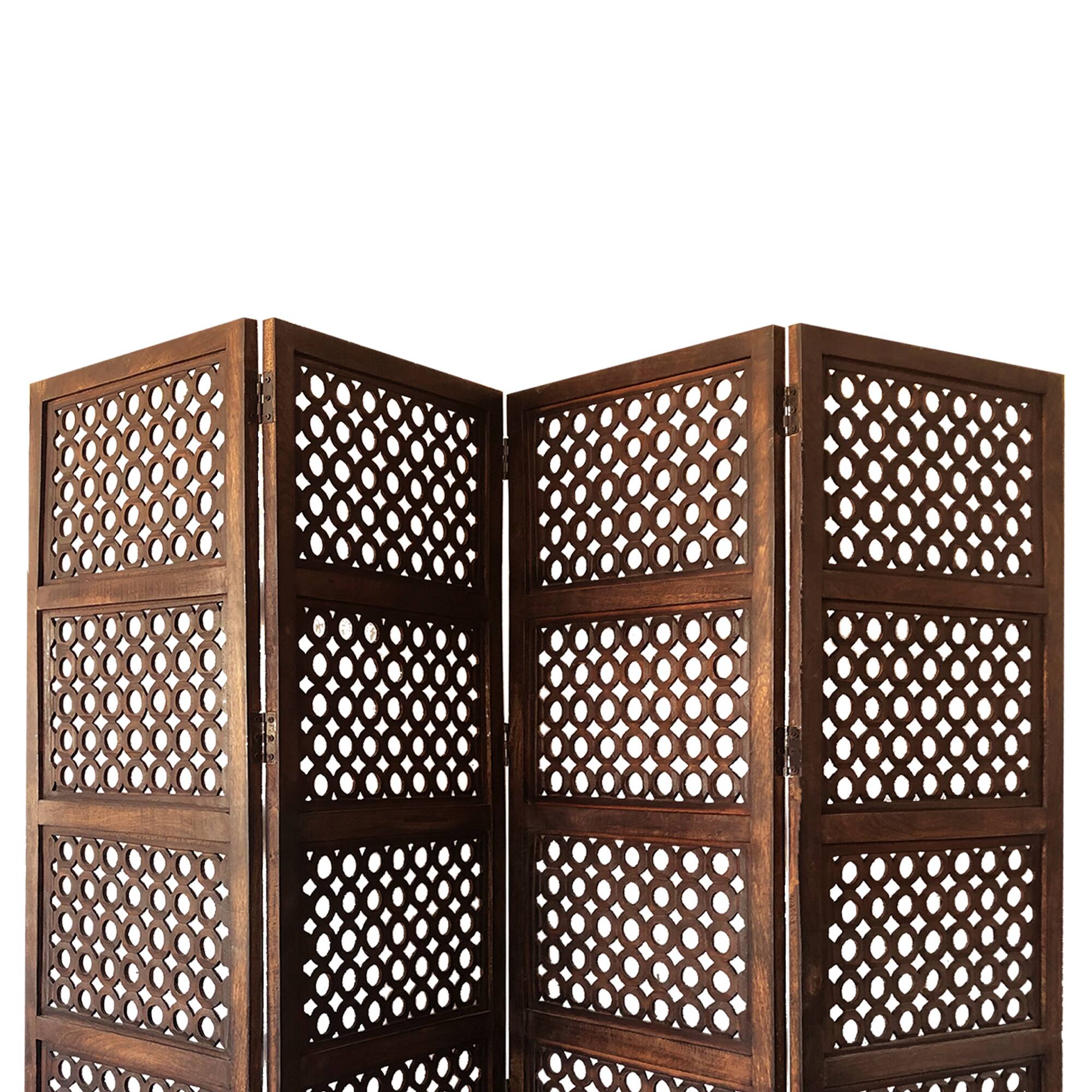 Alt View 1. Manhattan Lane - Decorative Four Panel Mango Wood Hinged Room Divider with Circular Cutout Design - Brown.