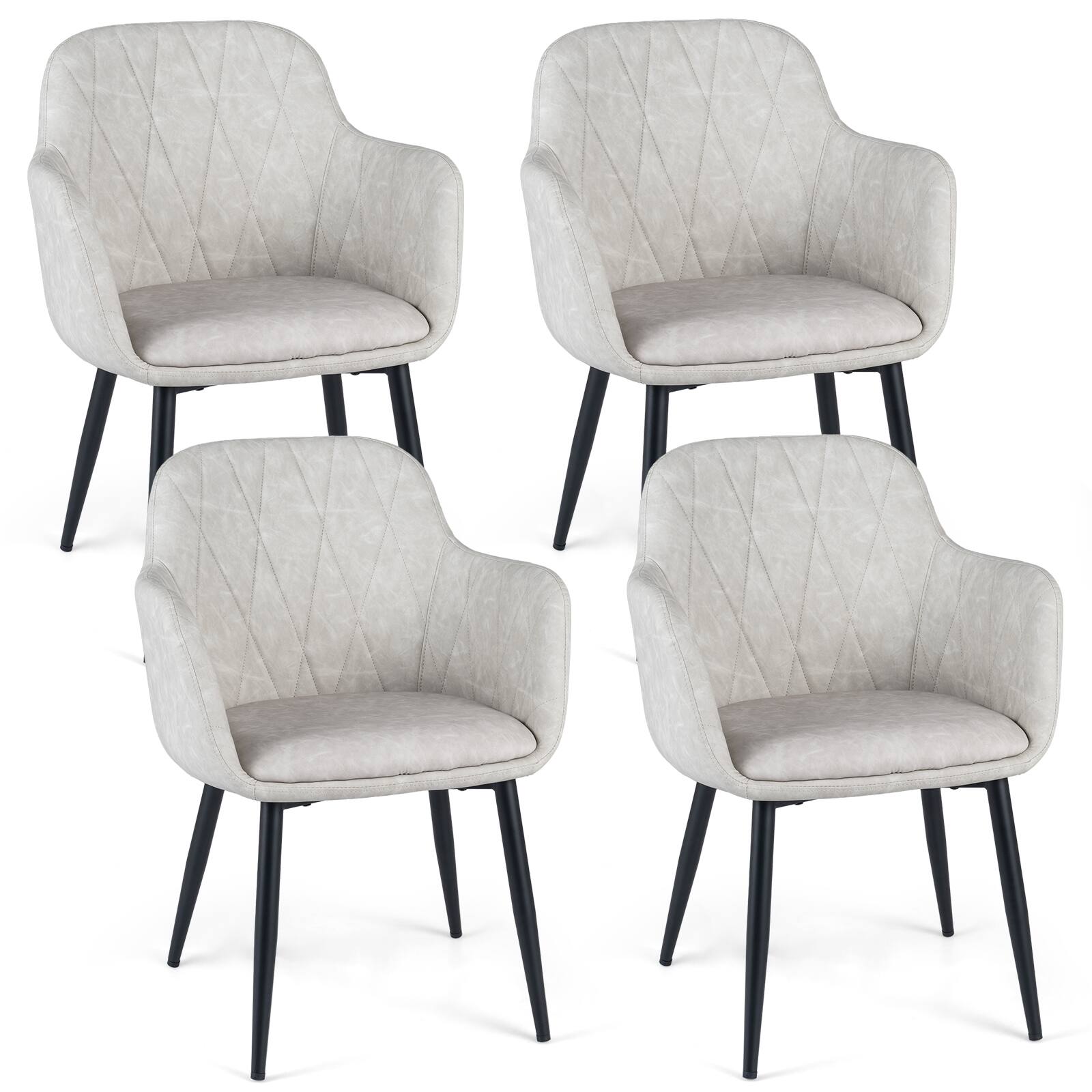Gymax - Dining Chairs Set of 4 Upholstered PU Leather Kitchen Chairs w/Curved Back Light Gray - White
