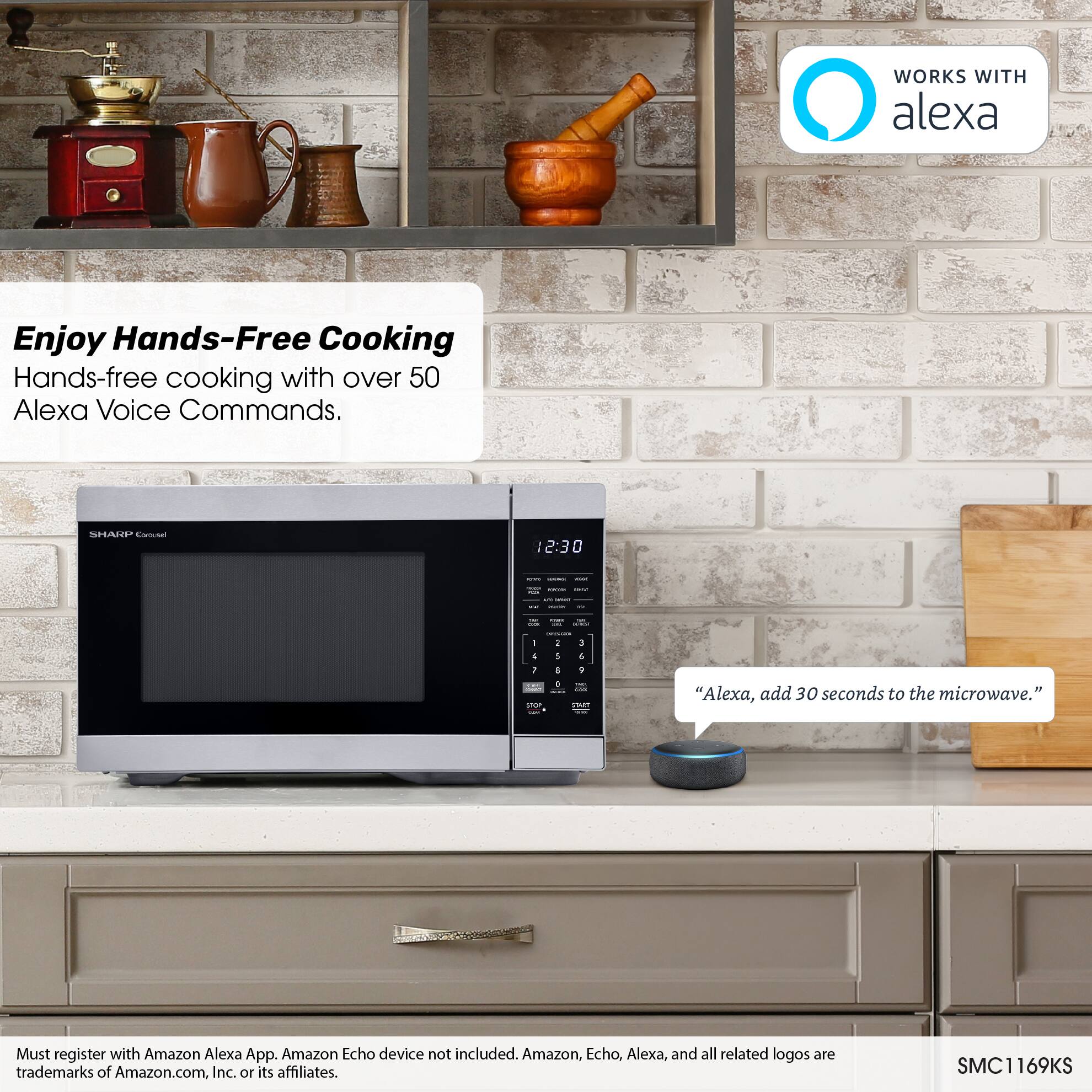 WORKS WITH alexa

Enjoy Hands-Free Cooking  
Hands-free cooking with over 50 Alexa Voice Commands.

"Alexa, add 30 seconds to the microwave."

Must register with Amazon Alexa App. Amazon Echo device not included. Amazon, Echo, Alexa, and all related logos are trademarks of Amazon.com, Inc. or its affiliates.

SMC1169KS