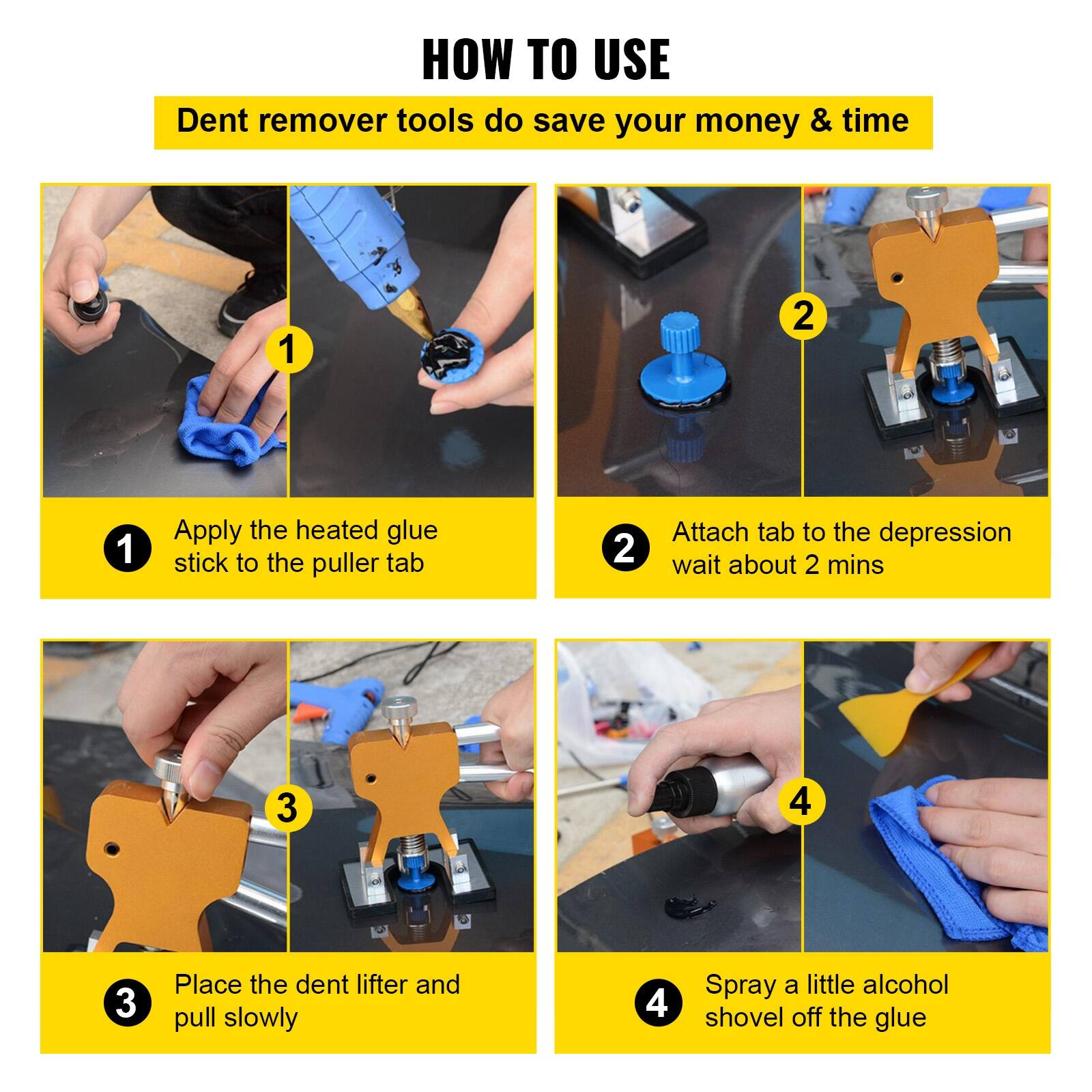 HOW TO USE  
Dent remover tools do save your money & time  

1. Apply the heated glue stick to the puller tab  
2. Attach tab to the depression, wait about 2 mins  
3. Place the dent lifter and pull slowly  
4. Spray a little alcohol, shovel off the glue