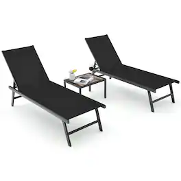 Gymax - 3pcs Patio Chaise Lounge Set Aluminum Recliner Chair Table Outdoor - Black
