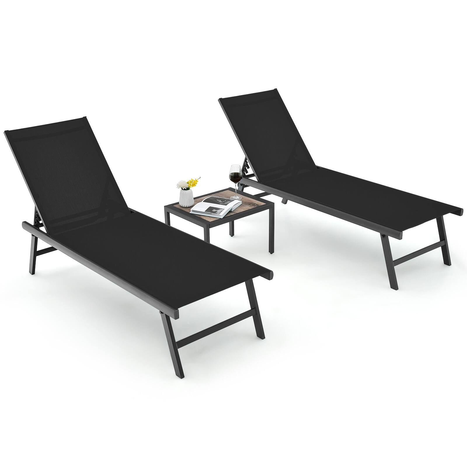 Front. Gymax - Gymax 3pcs Patio Chaise Lounge Set Aluminum Recliner Chair Table Outdoor - Black.