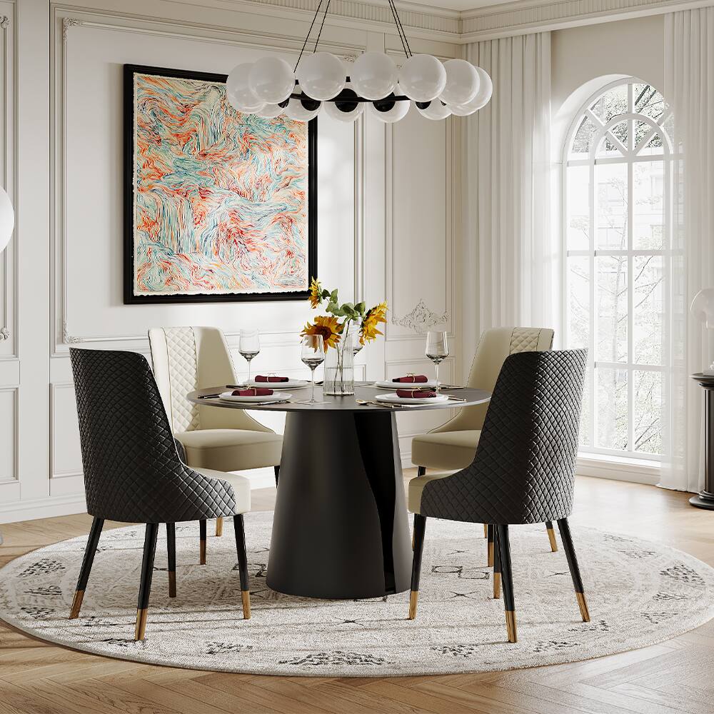 Angle. POVISON - 47" Modern Round Black Dining Table for 4,Matte Sintered Stone Tabletop, Black Carbon Steel Base - Matte Black Sintered Stone & Black Steel Base.
